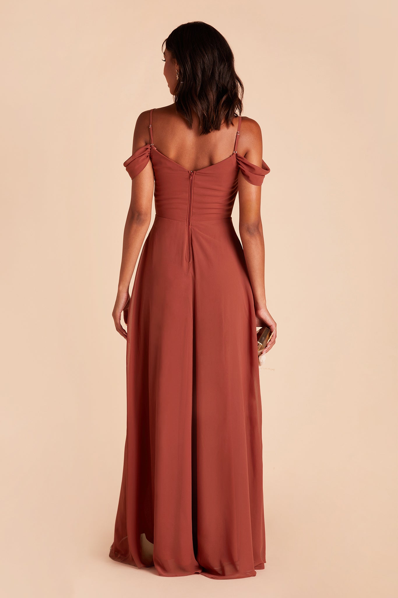 Devin convertible bridesmaids dress with slit in spice chiffon by Birdy Grey, back view