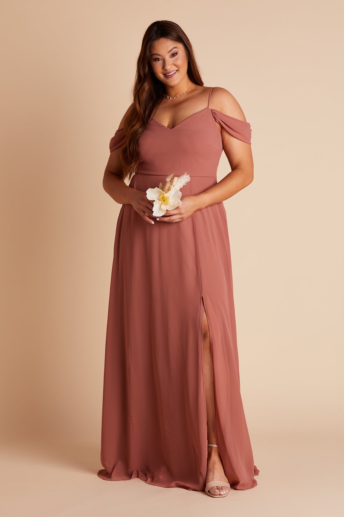 Devin convertible plus size bridesmaid dress with slit in desert rose chiffon by Birdy Grey, front view