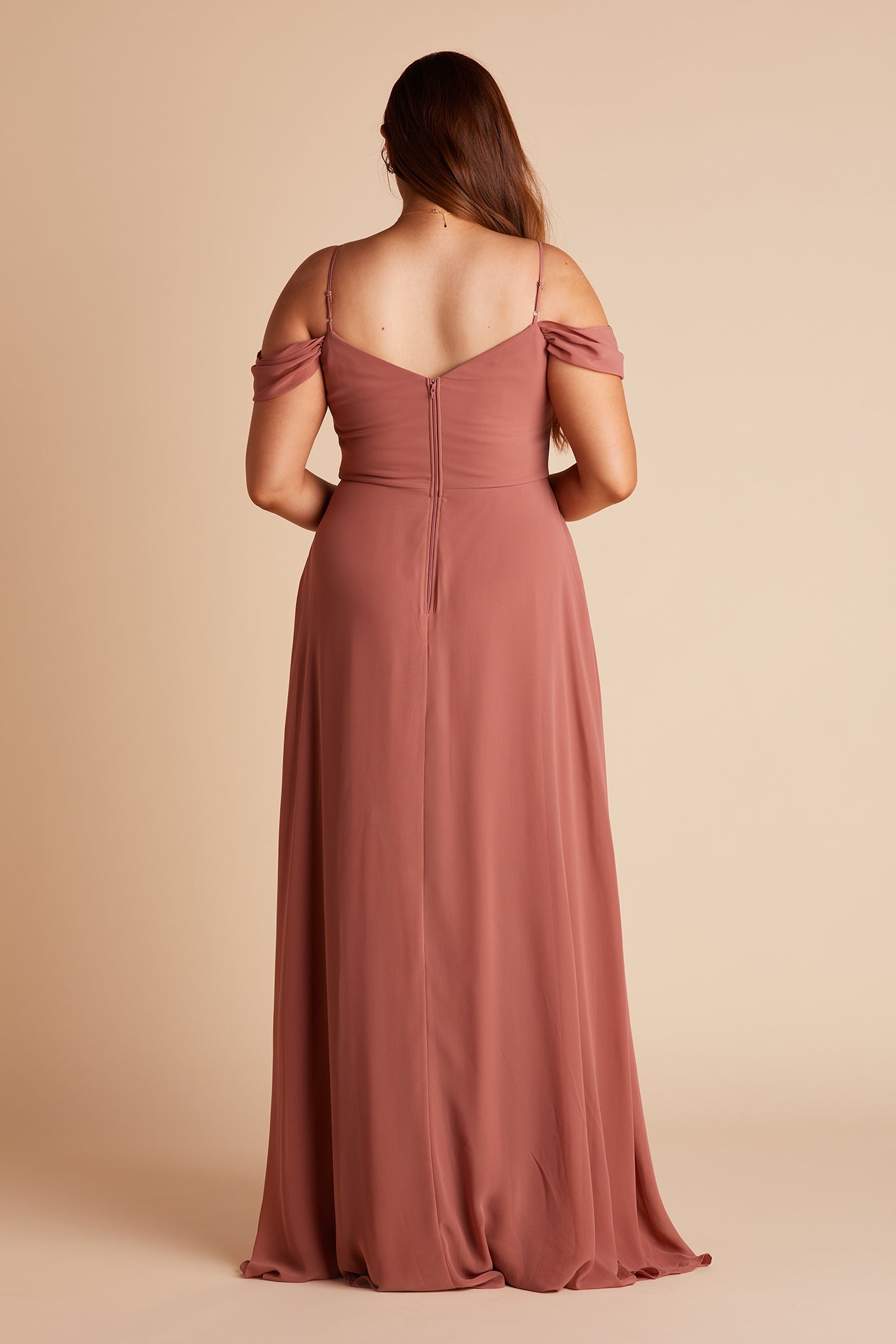 Devin convertible plus size bridesmaid dress with slit in desert rose chiffon by Birdy Grey, back view