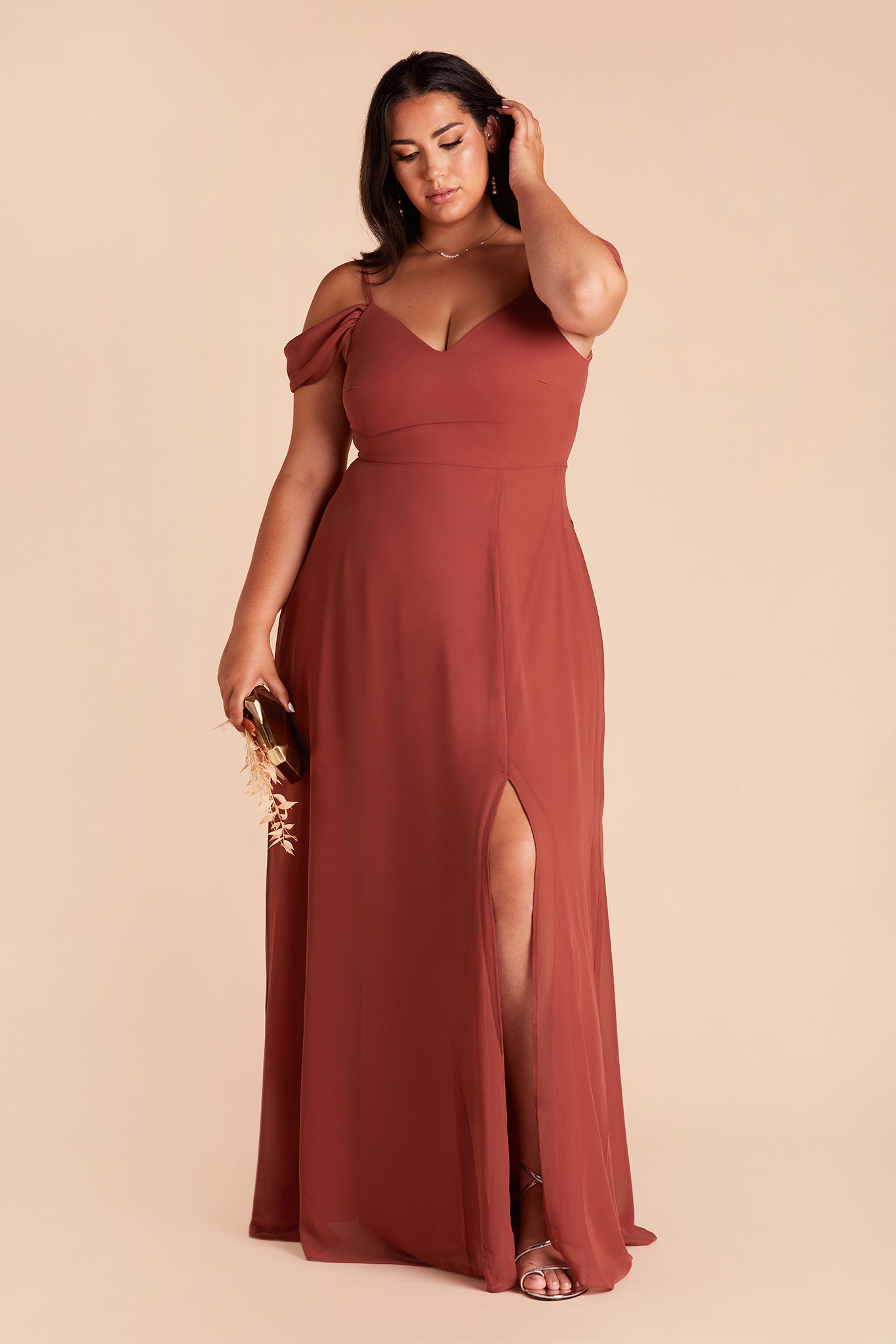 Devin convertible plus size bridesmaids dress with slit in spice chiffon by Birdy Grey, front view