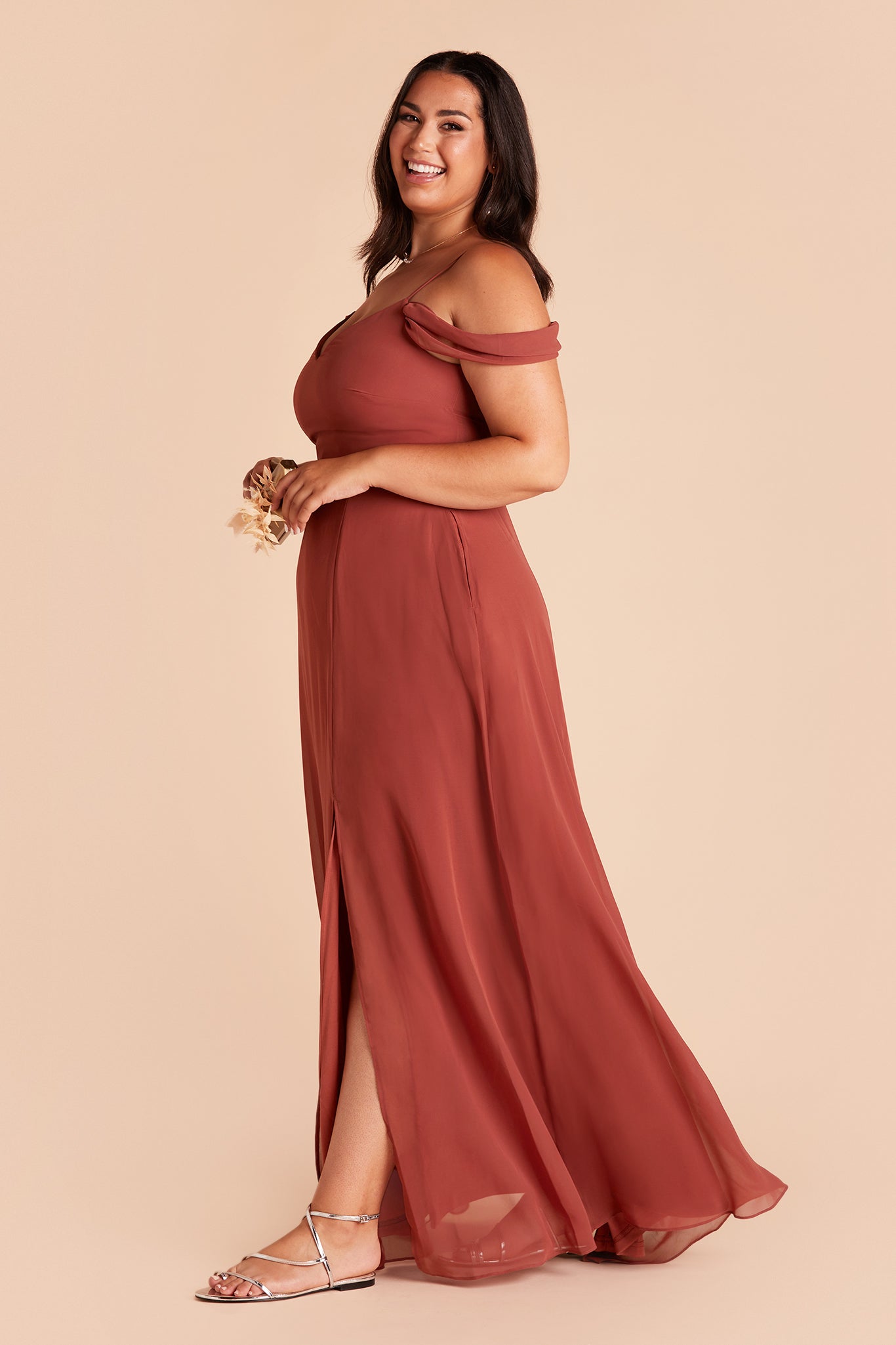 Devin convertible plus size bridesmaids dress with slit in spice chiffon by Birdy Grey, side view