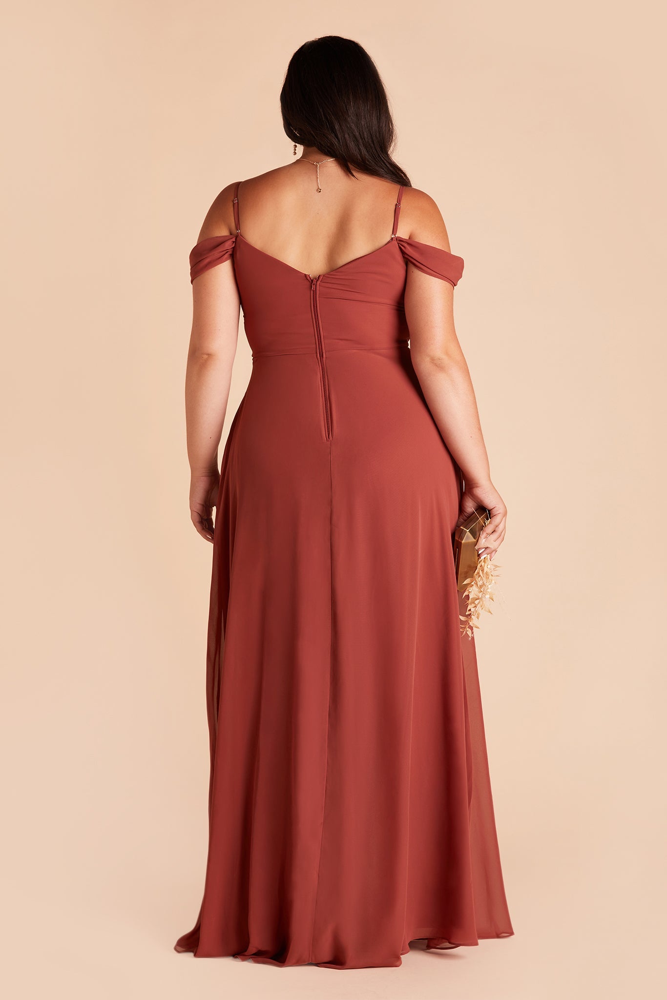 Devin convertible plus size bridesmaids dress with slit in spice chiffon by Birdy Grey, back view