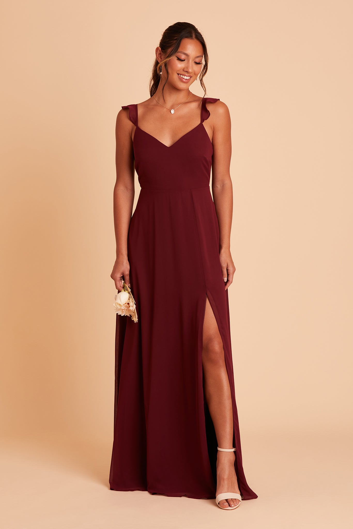 Doris bridesmaid dress with slit in cabernet burgundy chiffon by Birdy Grey, front view