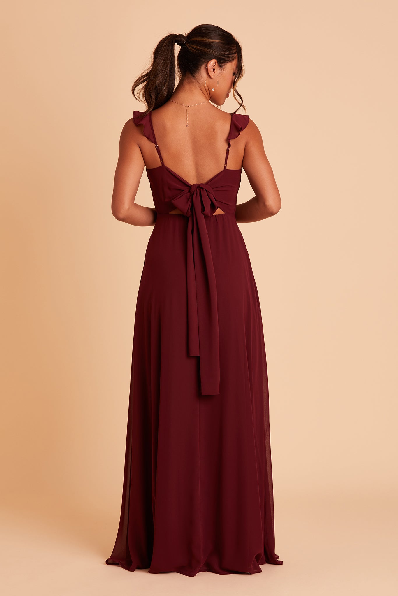 Doris bridesmaid dress with slit in cabernet burgundy chiffon by Birdy Grey, back view