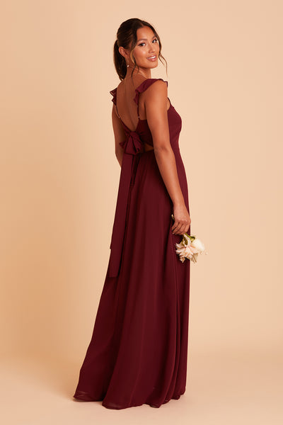 Doris bridesmaid dress with slit in cabernet burgundy chiffon by Birdy Grey, side view