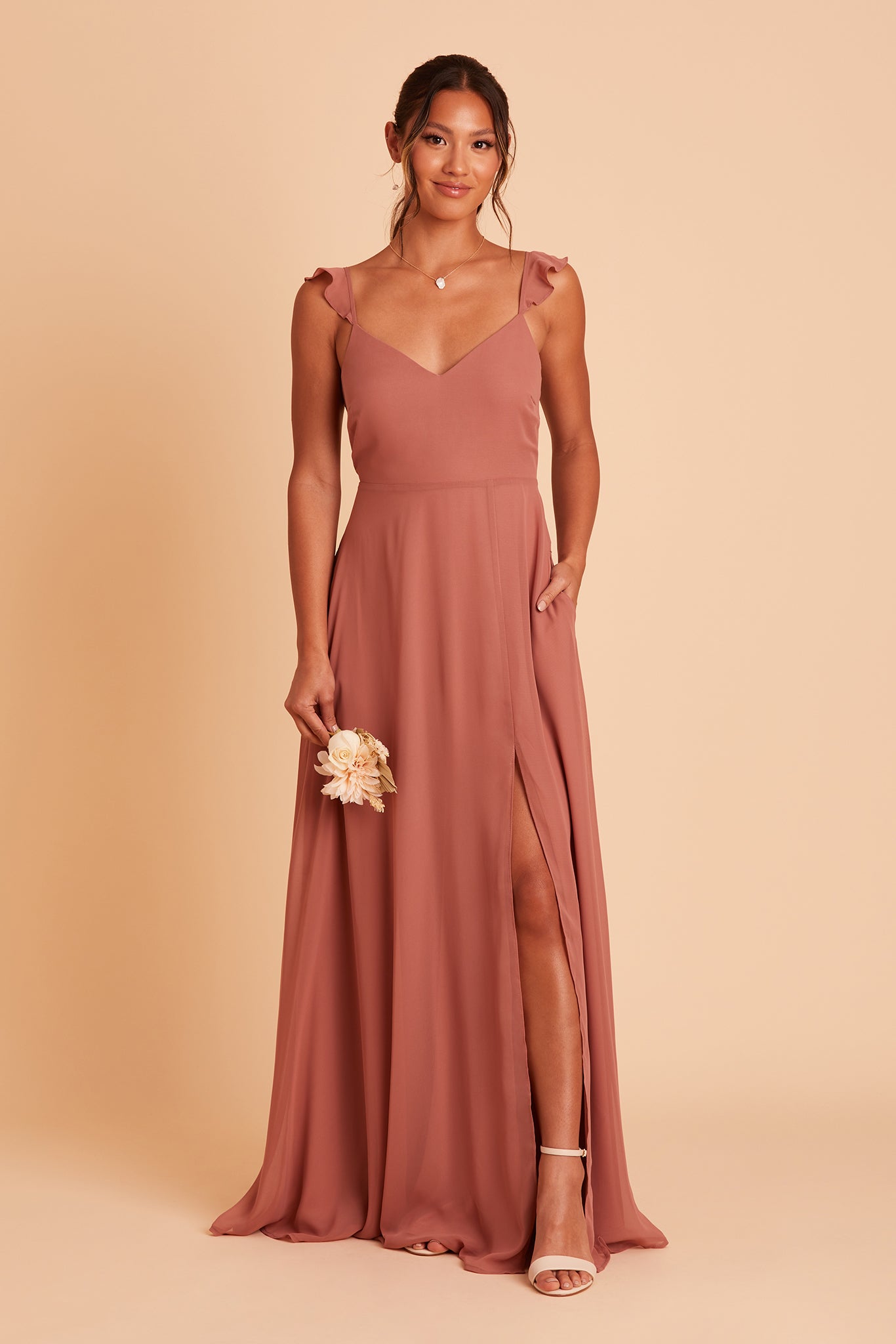 Doris bridesmaid dress with slit in desert rose chiffon by Birdy Grey, front view