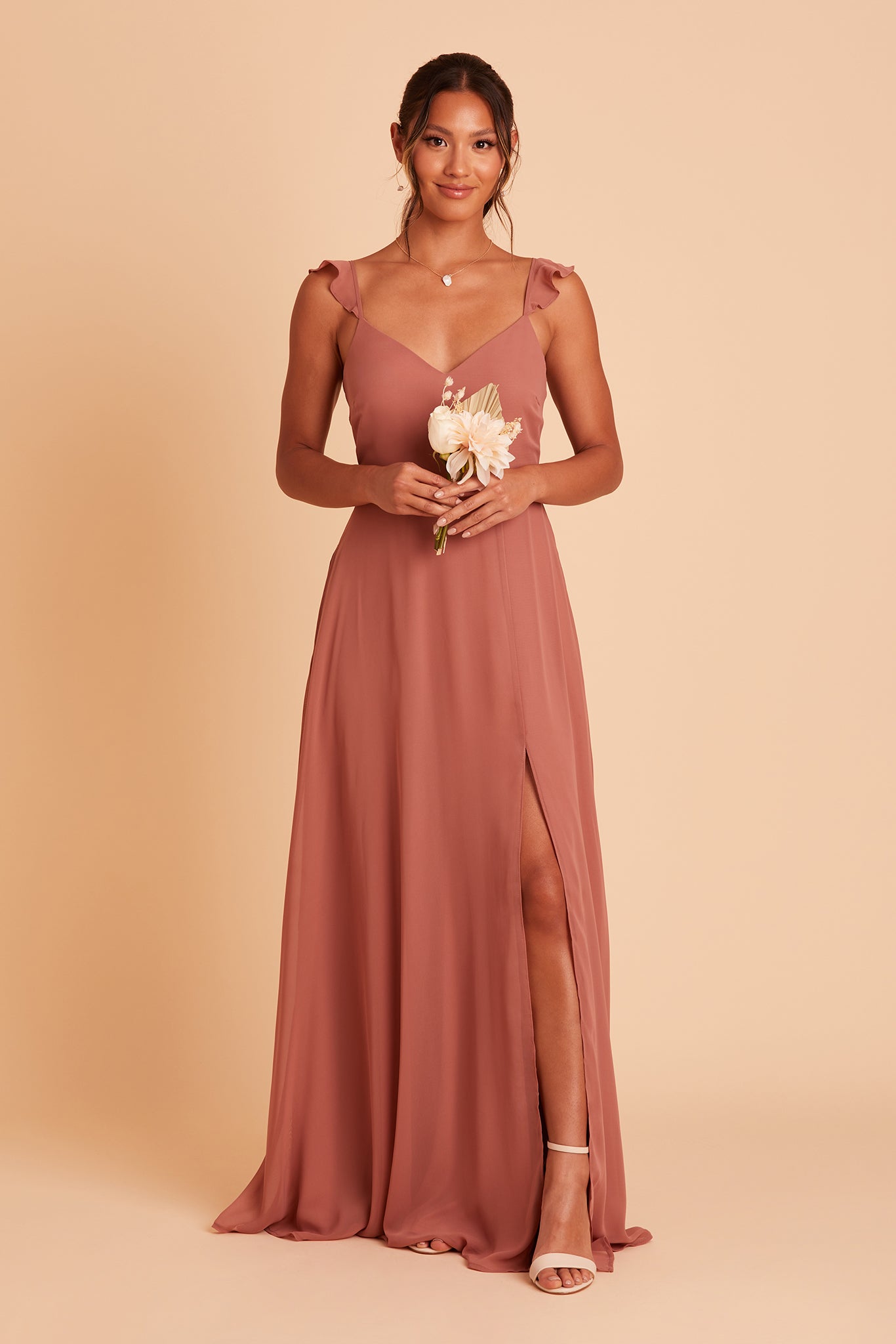 Doris bridesmaid dress with slit in desert rose chiffon by Birdy Grey, front view
