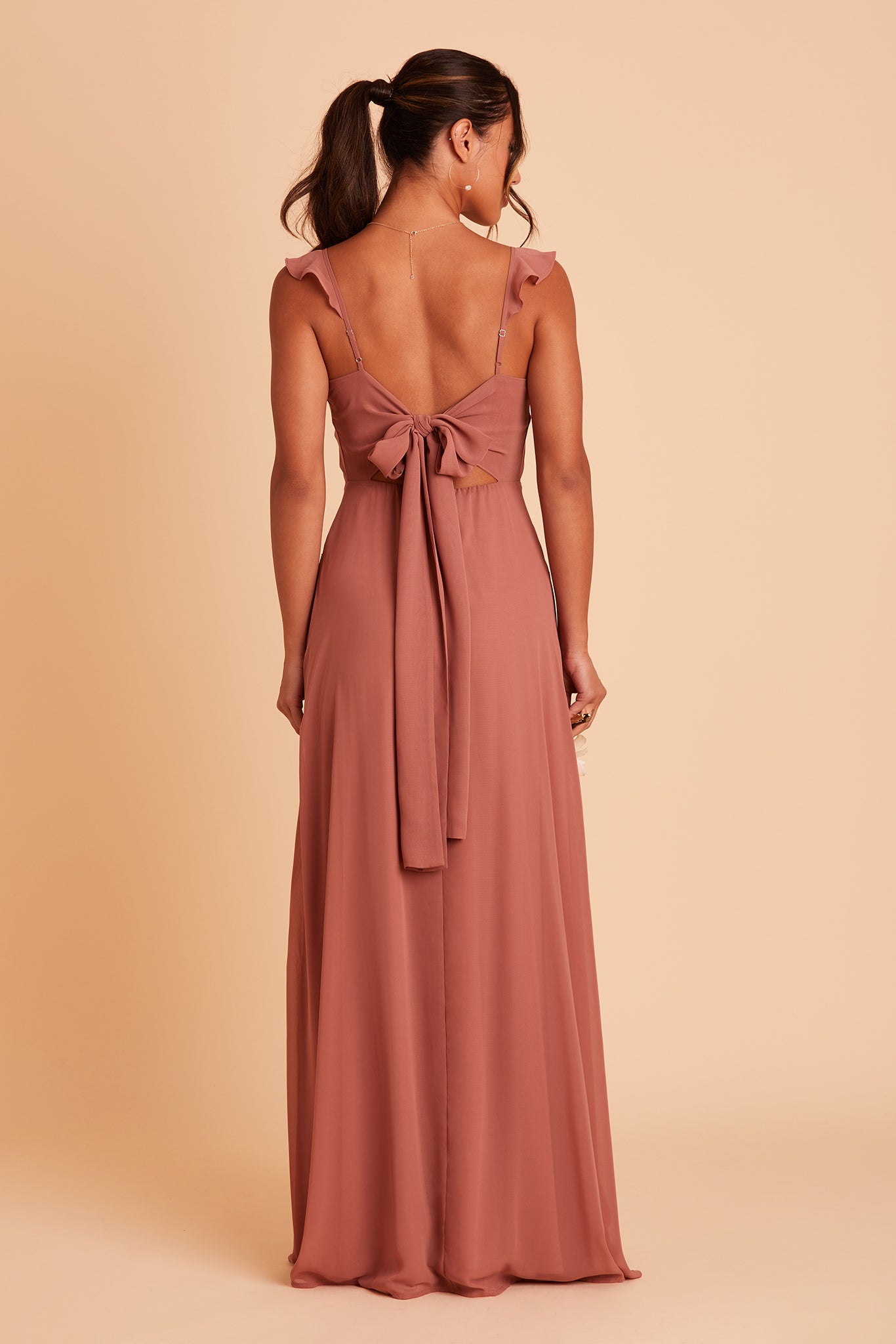 Doris bridesmaid dress with slit in desert rose chiffon by Birdy Grey, back view