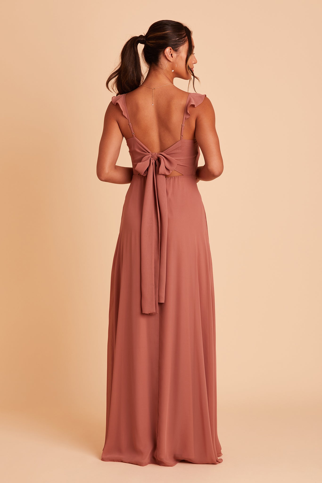Doris bridesmaid dress with slit in desert rose chiffon by Birdy Grey, back view