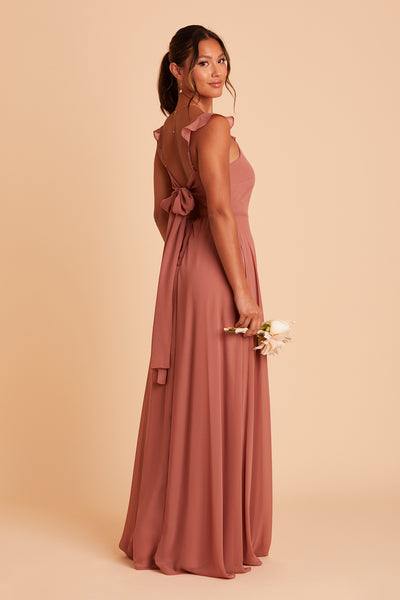 Doris bridesmaid dress with slit in desert rose chiffon by Birdy Grey, side view