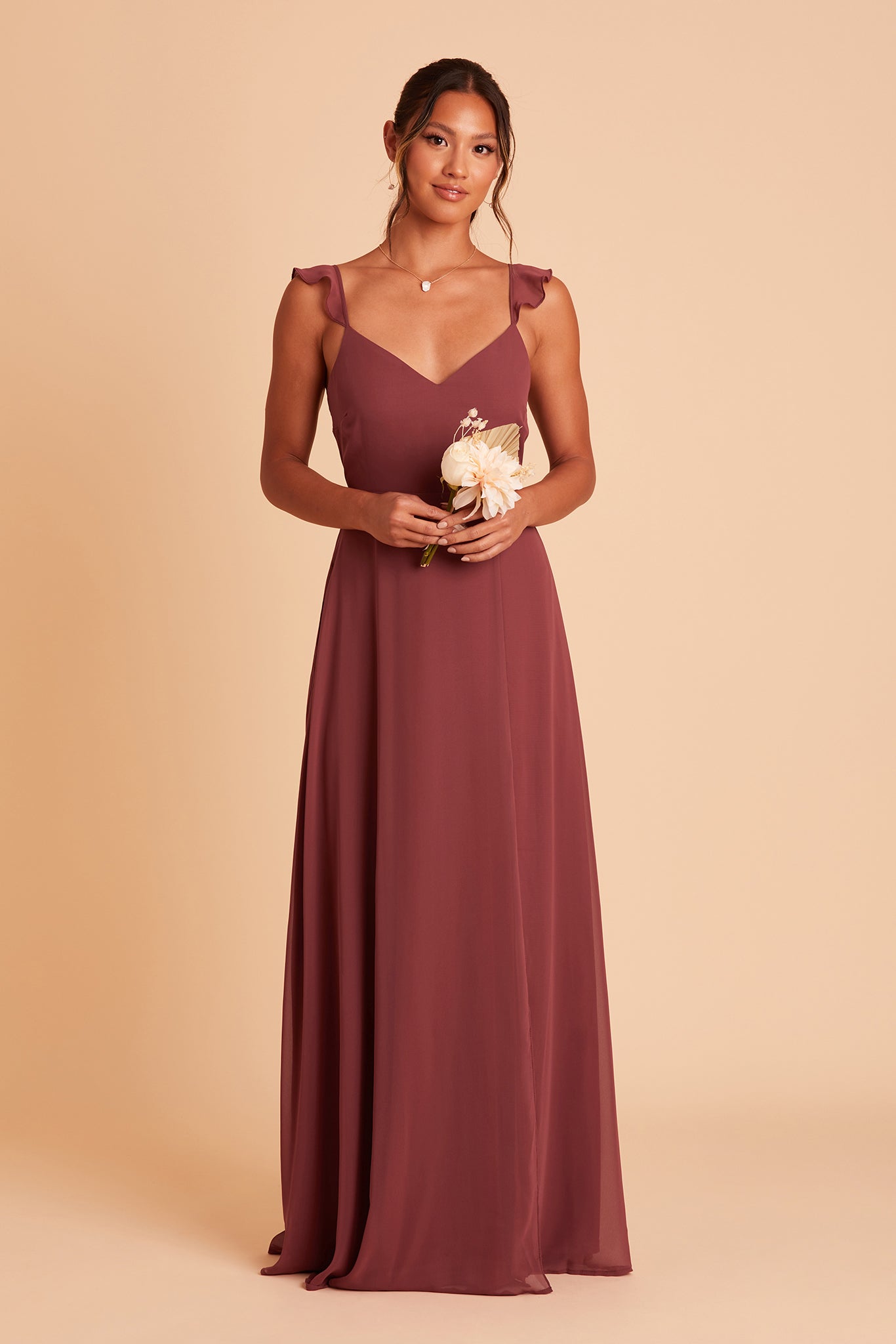 Doris bridesmaid dress with slit in rosewood chiffon by Birdy Grey, front view