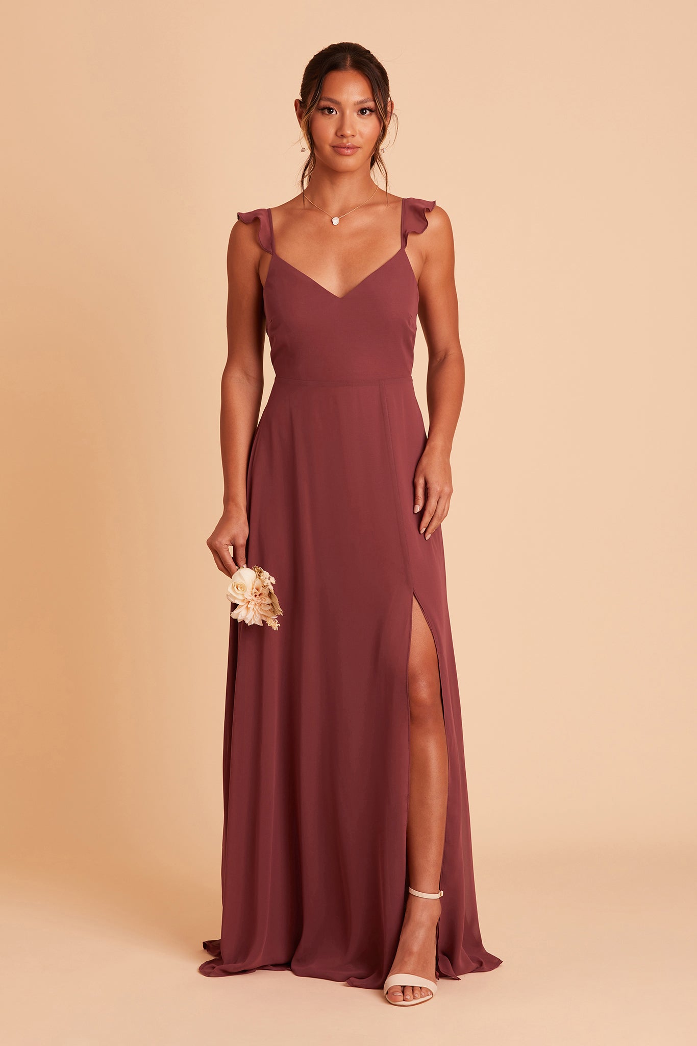 Doris bridesmaid dress with slit in rosewood chiffon by Birdy Grey, front view
