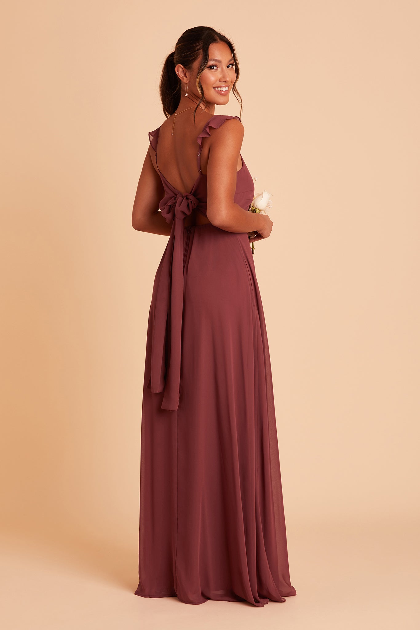 Doris bridesmaid dress with slit in rosewood chiffon by Birdy Grey, back view