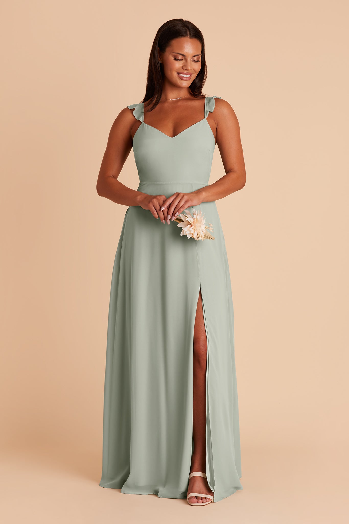 Doris bridesmaid dress with slit in sage chiffon by Birdy Grey, front view