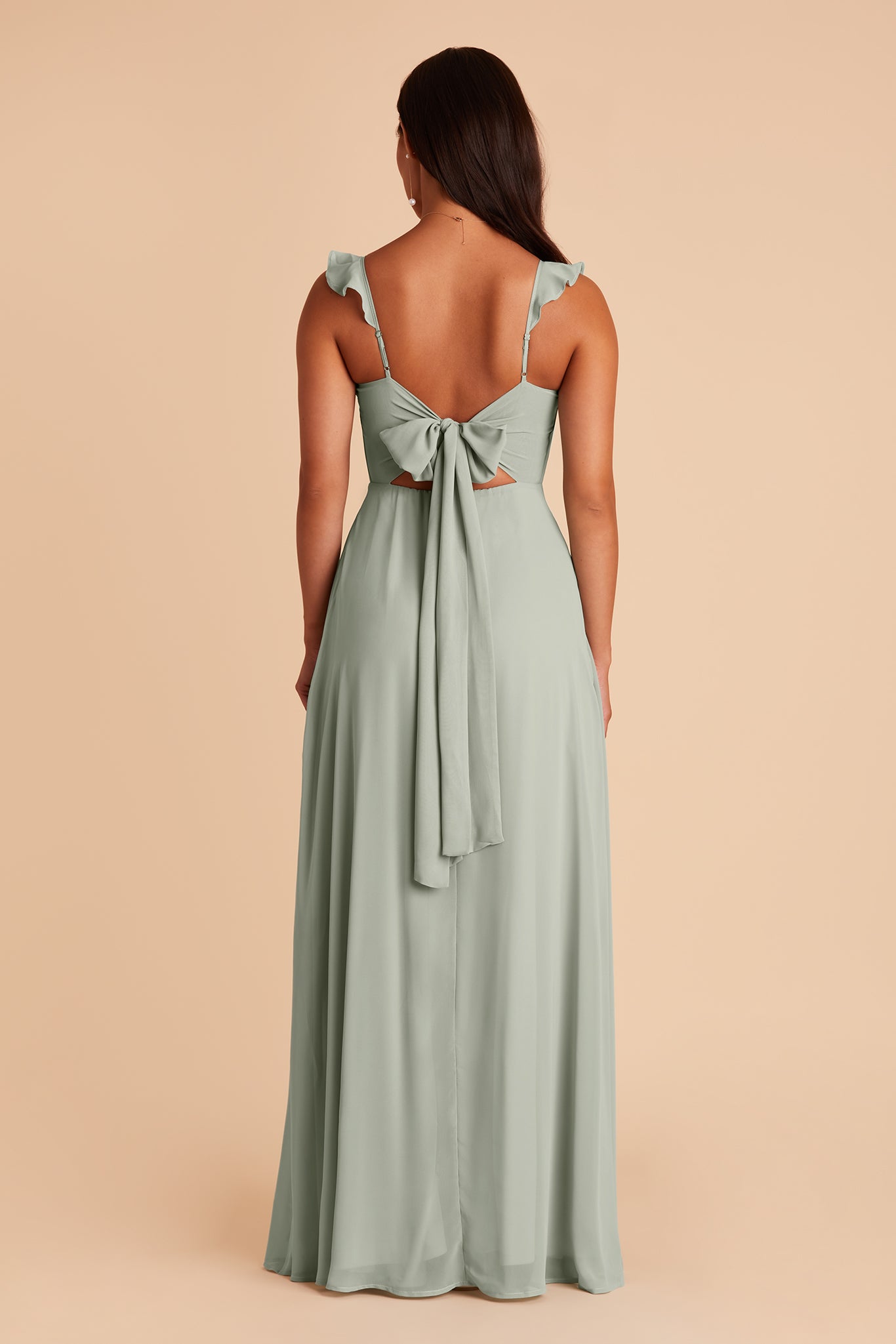 Doris bridesmaid dress with slit in sage chiffon by Birdy Grey, back view