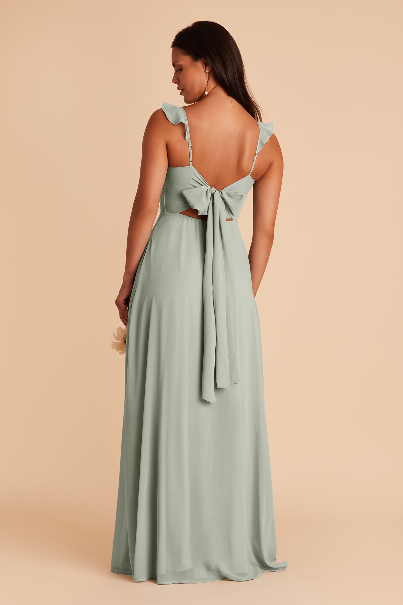 Doris bridesmaid dress with slit in sage chiffon by Birdy Grey, back view