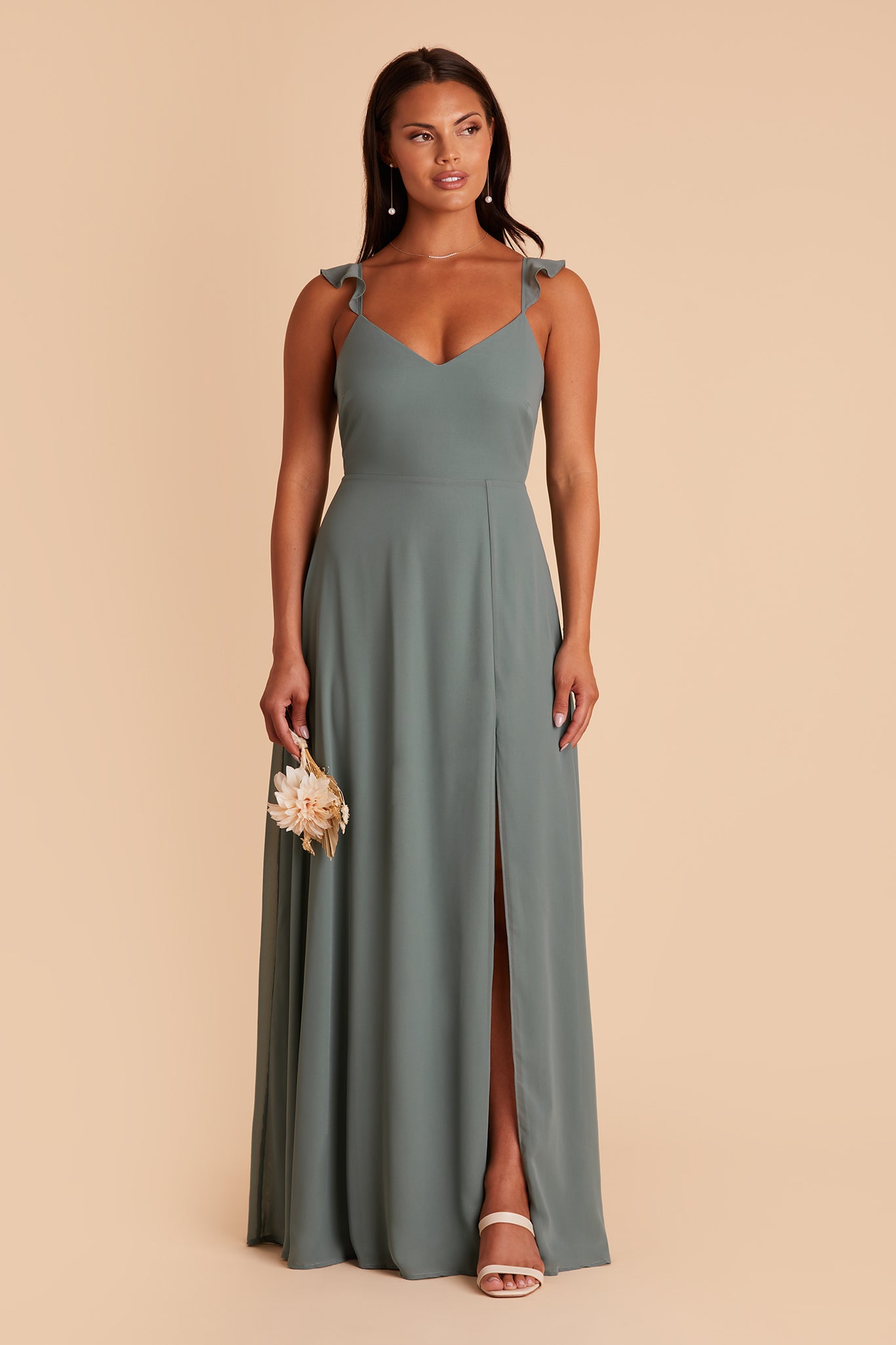 Doris bridesmaid dress with slit in sea glass chiffon by Birdy Grey, front view