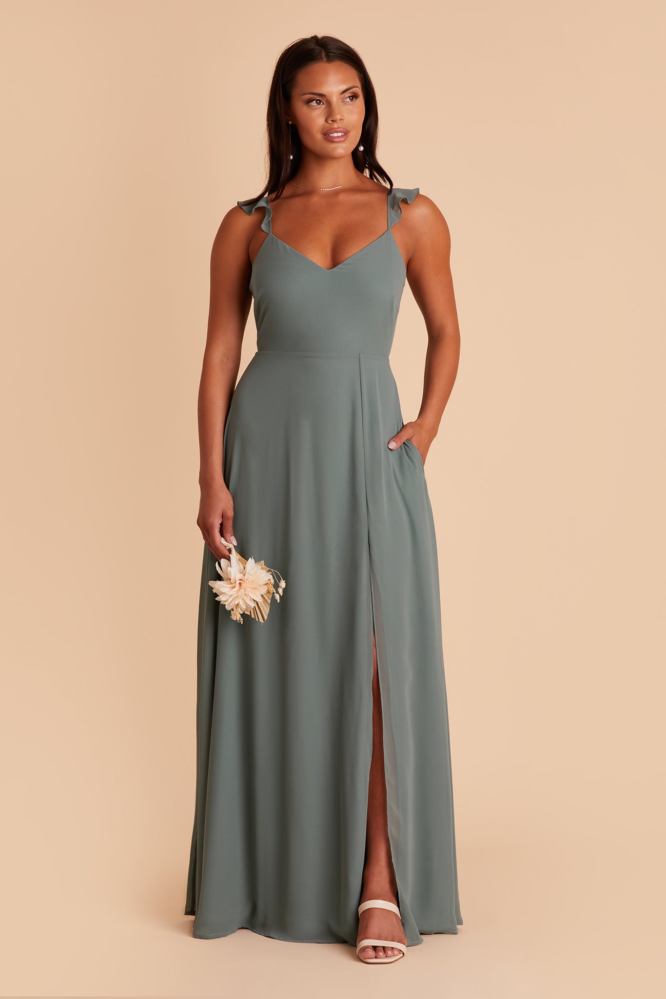Doris bridesmaid dress with slit in sea glass chiffon by Birdy Grey, front view