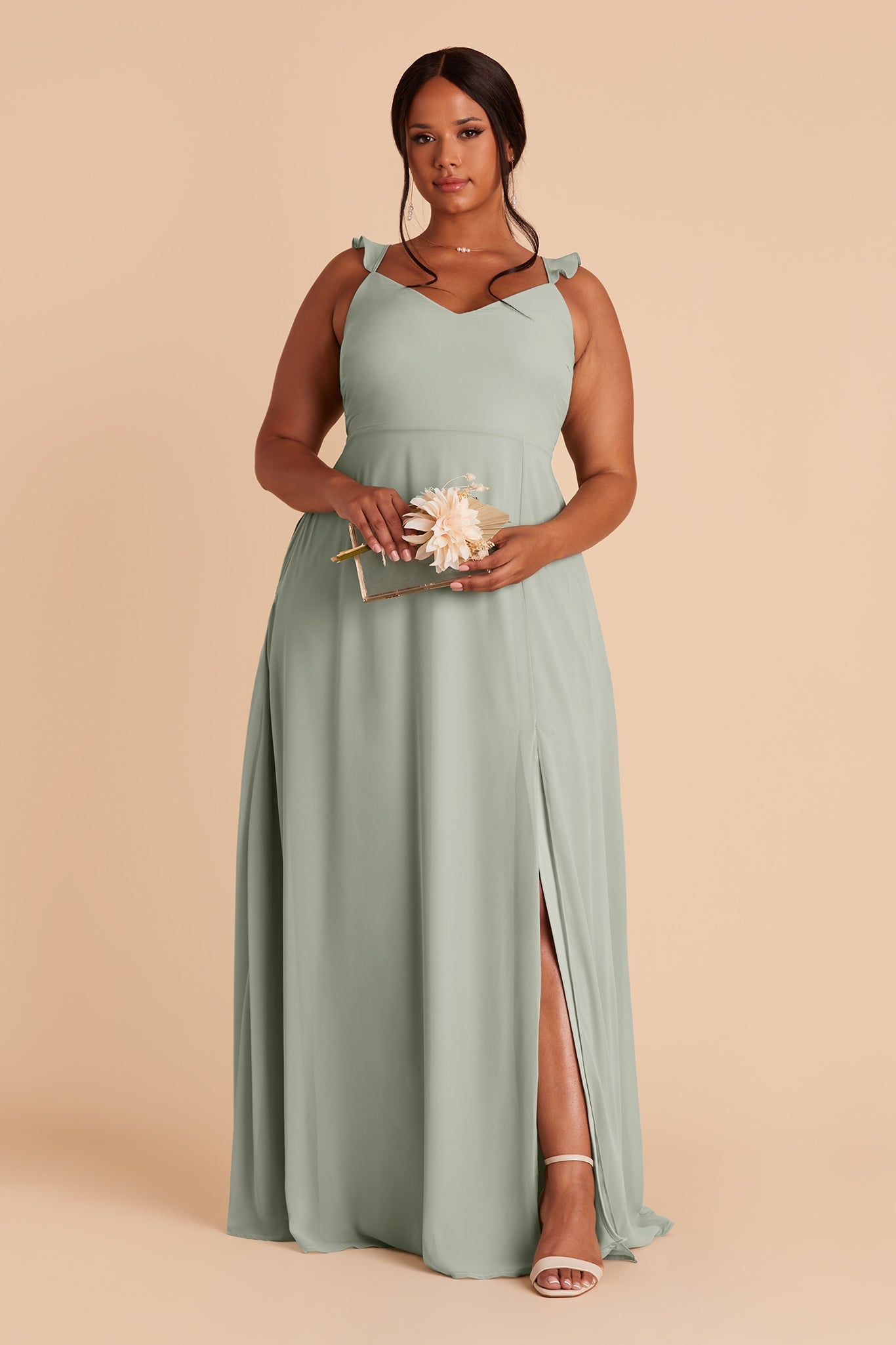 Doris plus size bridesmaid dress with slit in sage chiffon by Birdy Grey, front view