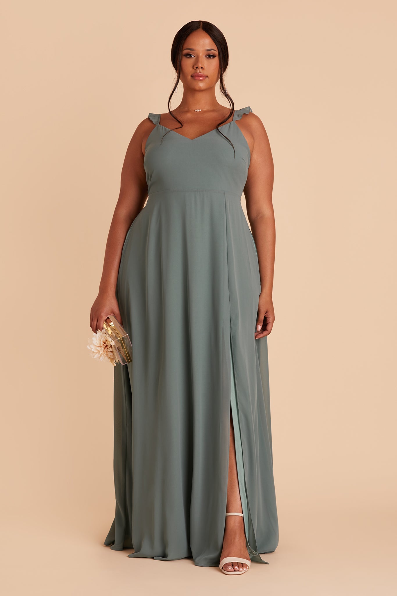 Doris plus size bridesmaid dress with slit in sea glass chiffon by Birdy Grey, front view