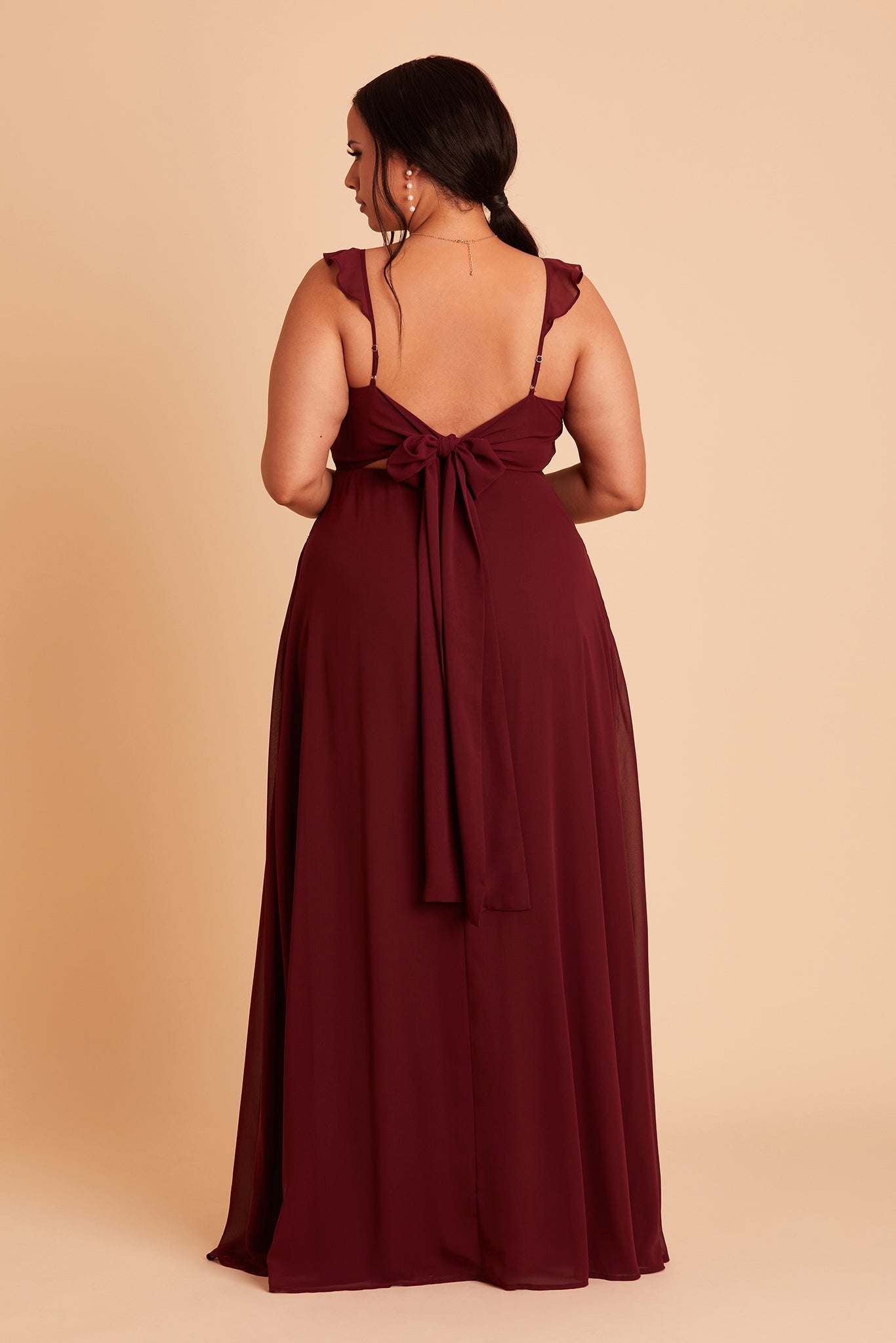 Doris plus size bridesmaid dress with slit in cabernet burgundy chiffon by Birdy Grey, back view