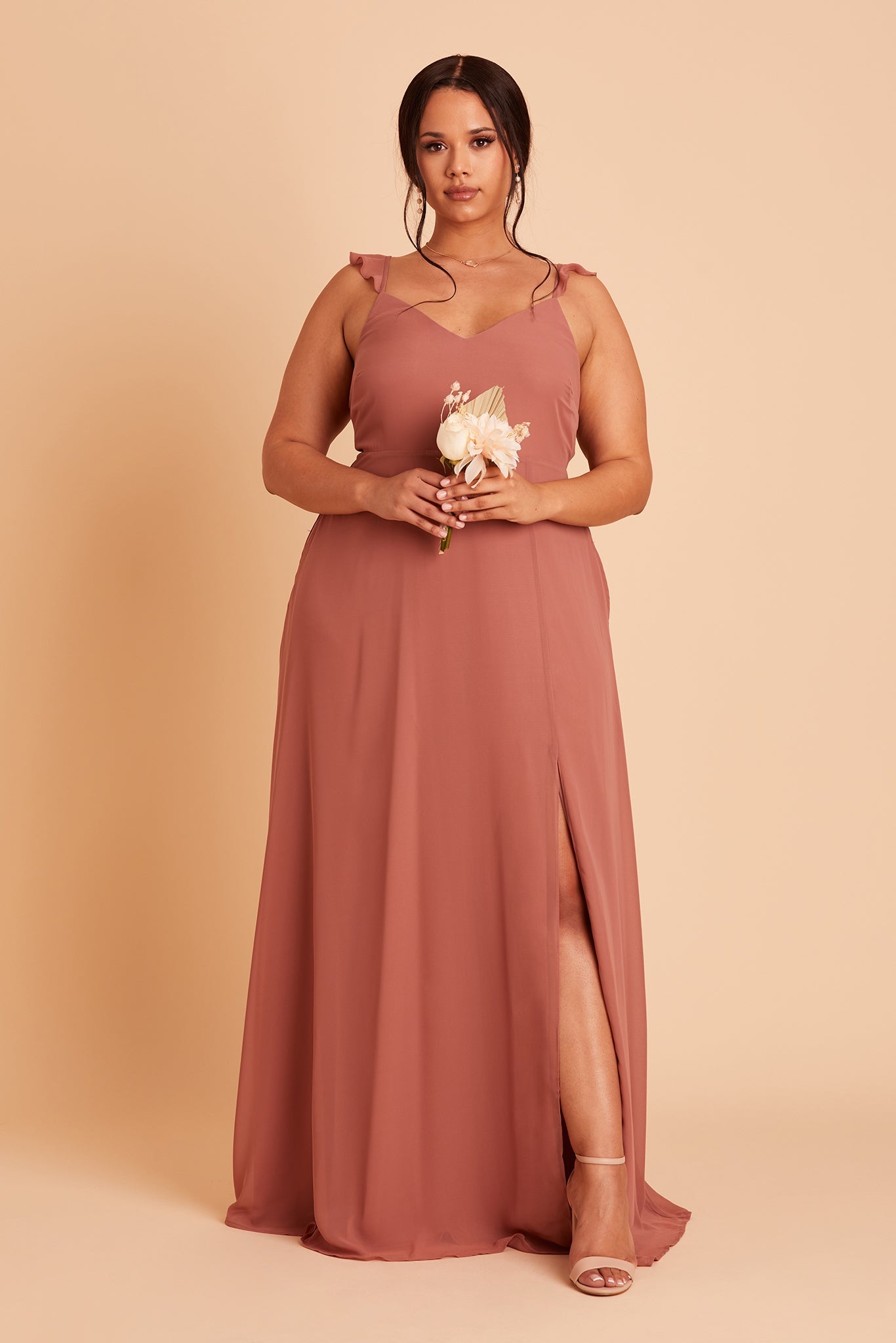Doris plus size bridesmaid dress with slit in Desert Rose chiffon by Birdy Grey, front view