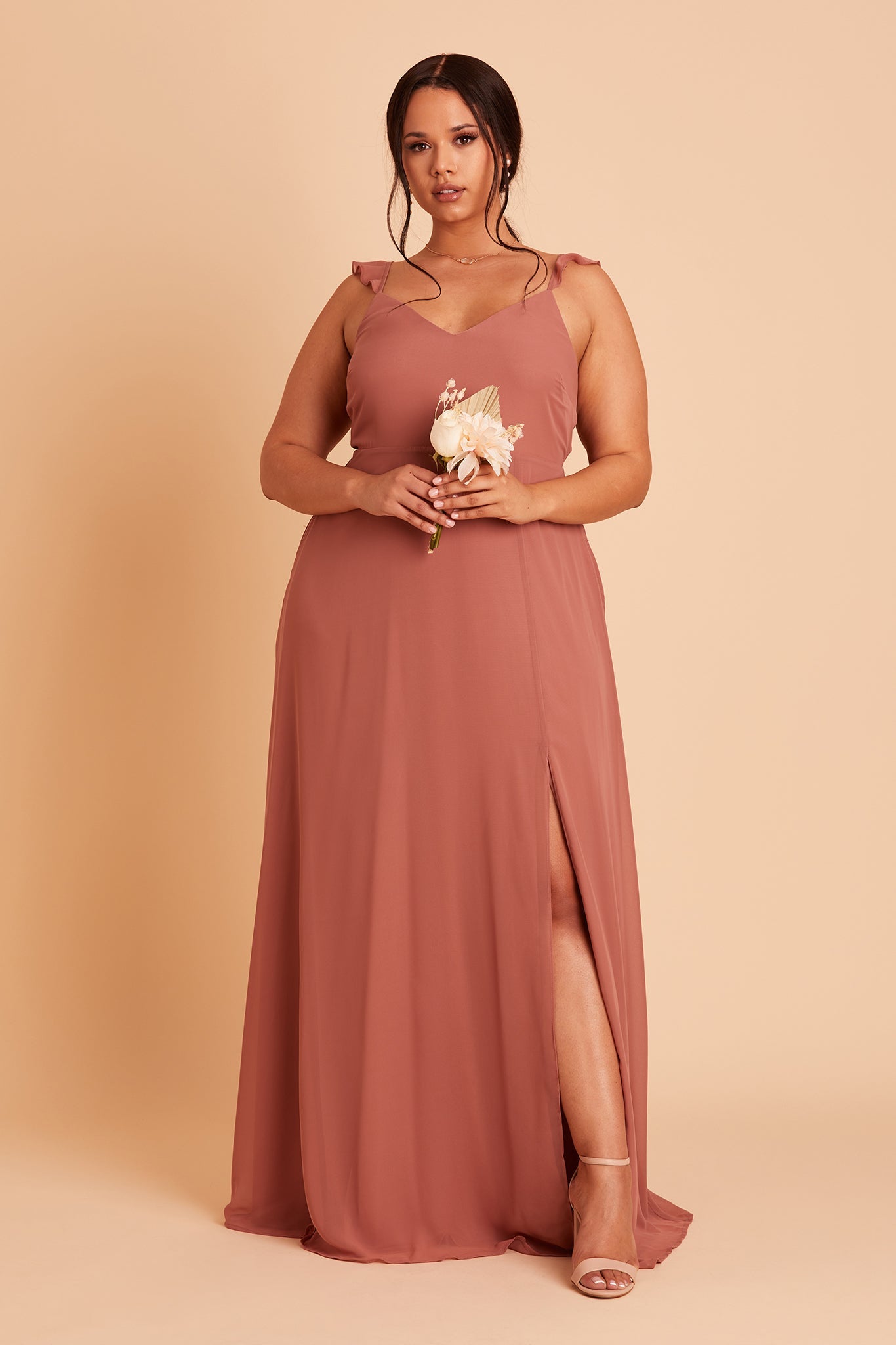 Doris plus size bridesmaid dress with slit in Desert Rose chiffon by Birdy Grey, front view