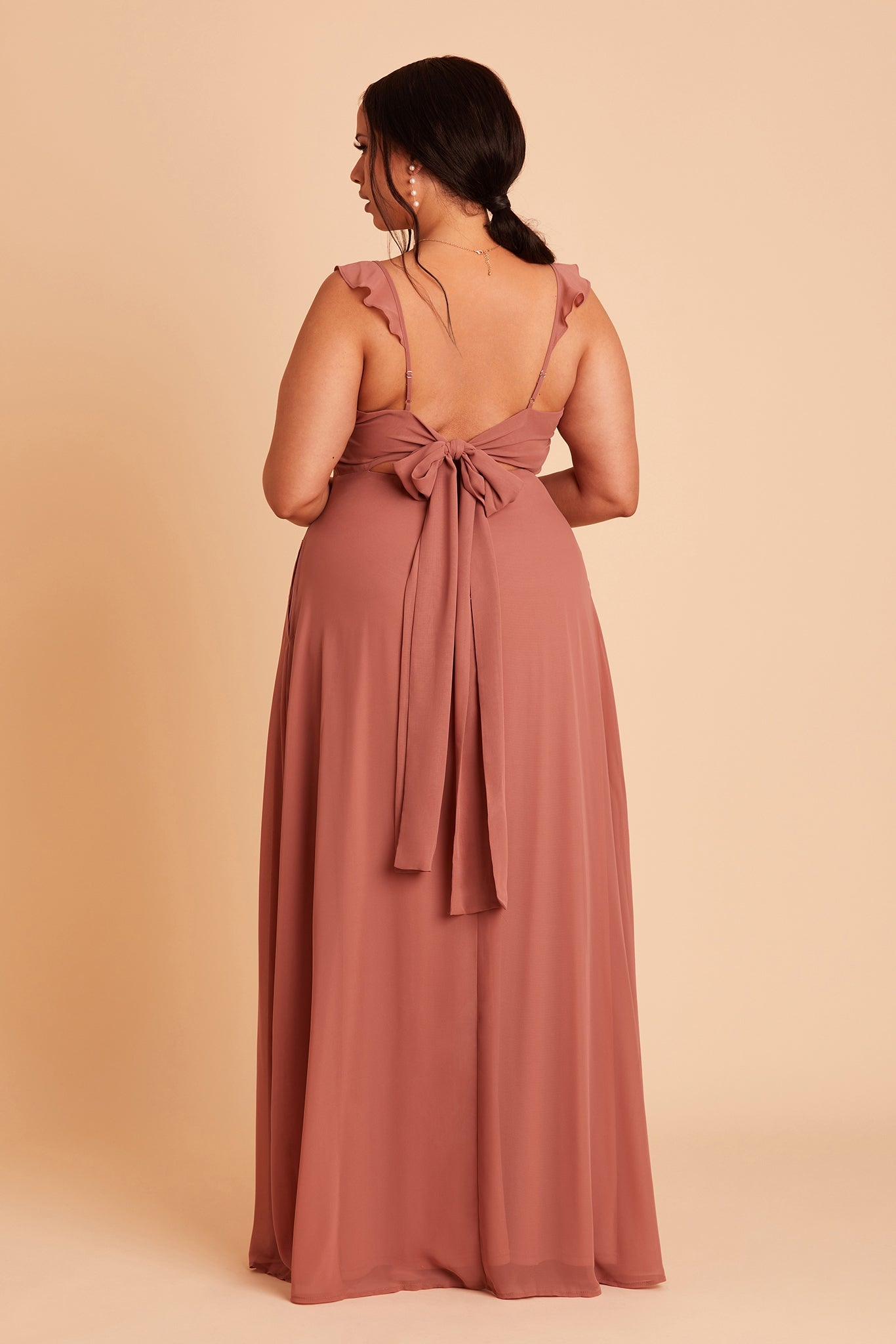 Doris plus size bridesmaid dress with slit in Desert Rose chiffon by Birdy Grey, back view