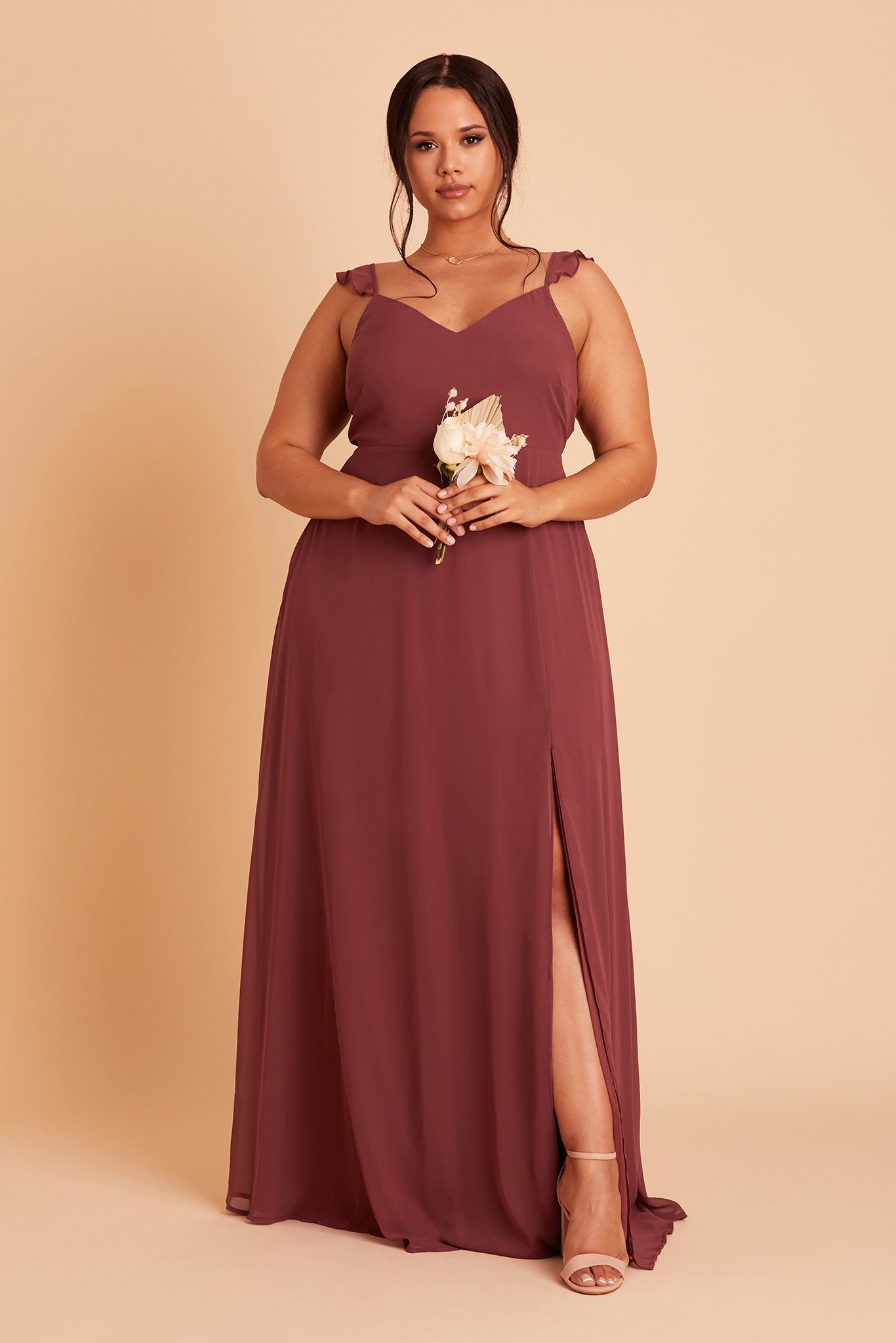 Doris plus size bridesmaid dress with slit in Rosewood chiffon by Birdy Grey, front view