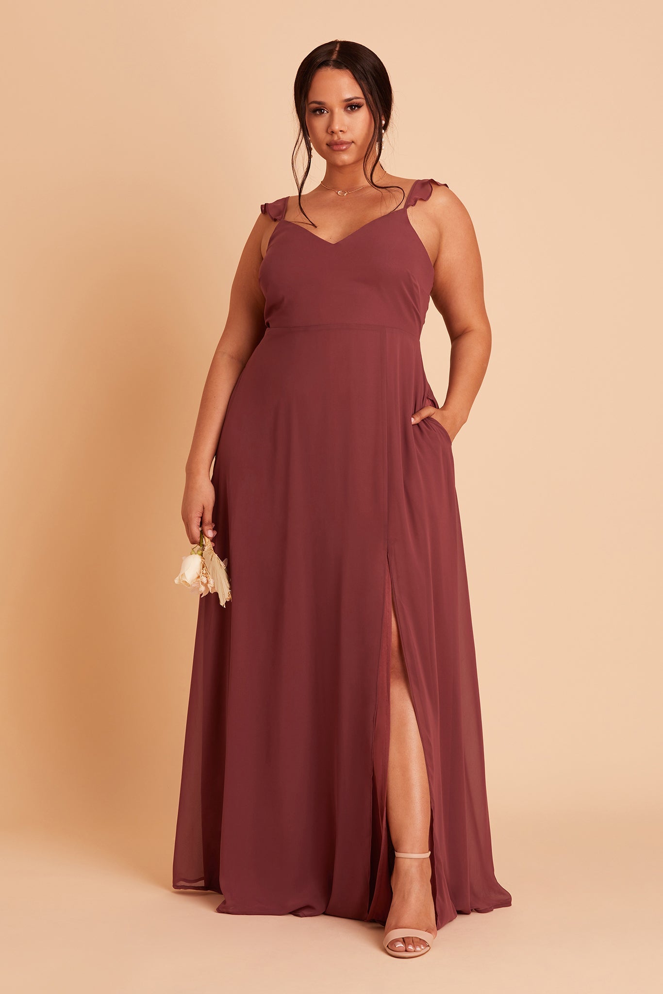 Doris plus size bridesmaid dress with slit in Rosewood chiffon by Birdy Grey, front view