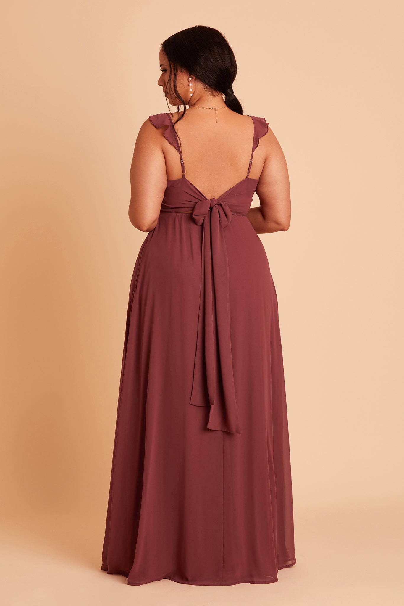 Doris plus size bridesmaid dress with slit in Rosewood chiffon by Birdy Grey, back view