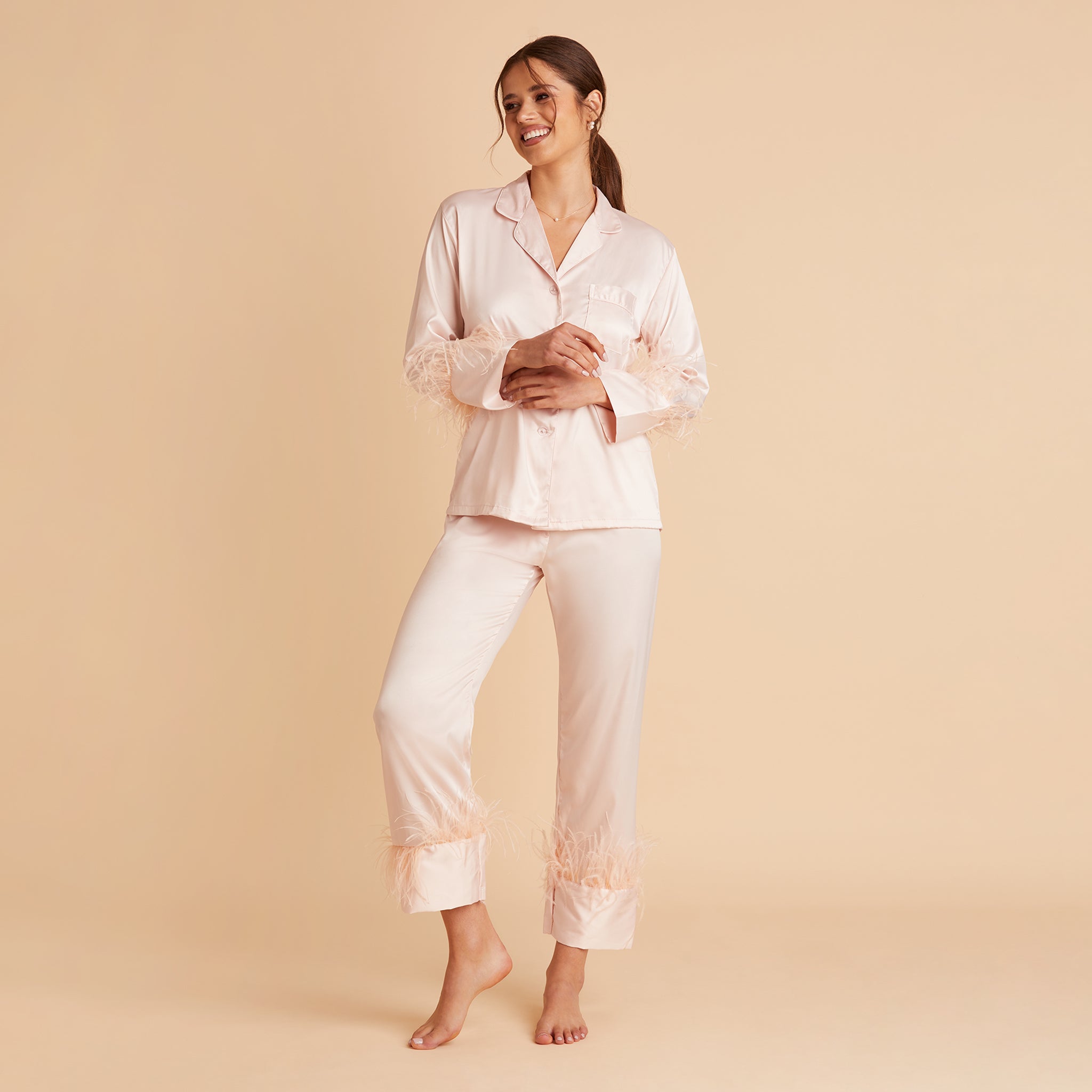 Feathered Pajama Set in blush by Birdy Grey, front view