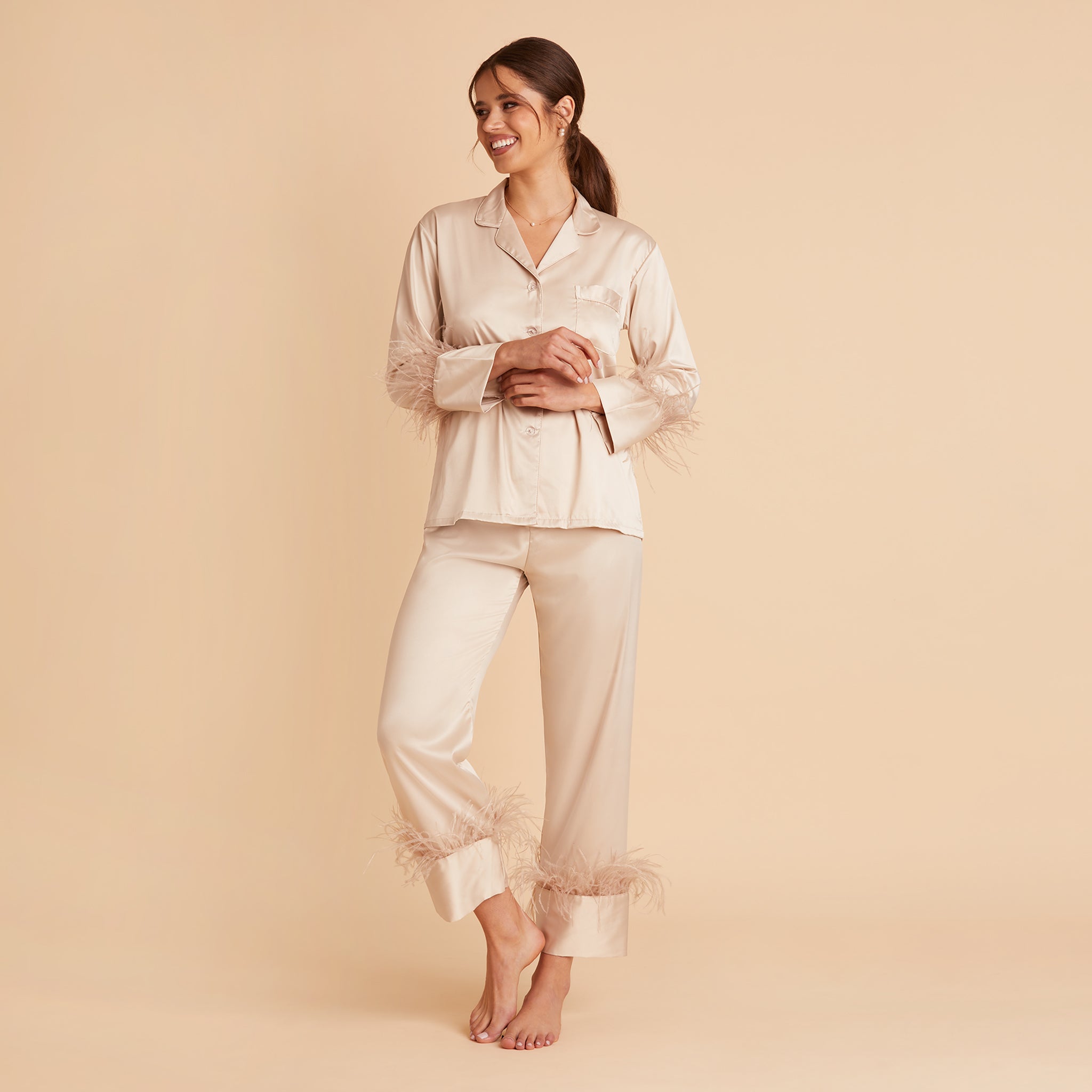 Feathered Pajama Set in champagne by Birdy Grey, front view
