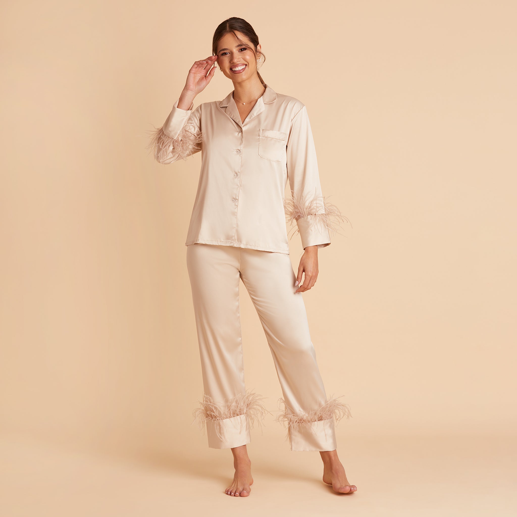 Feathered Pajama Set in champagne by Birdy Grey, front view