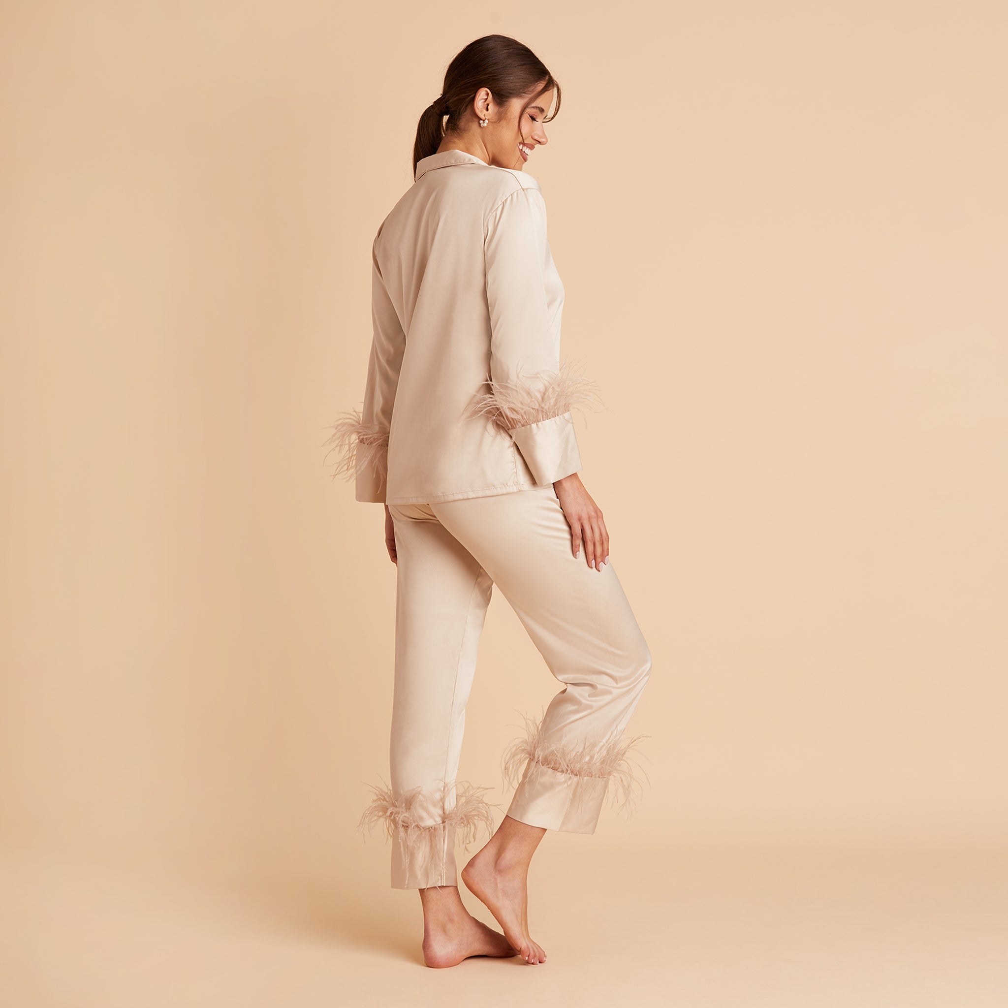 Feathered Pajama Set in champagne by Birdy Grey, side view