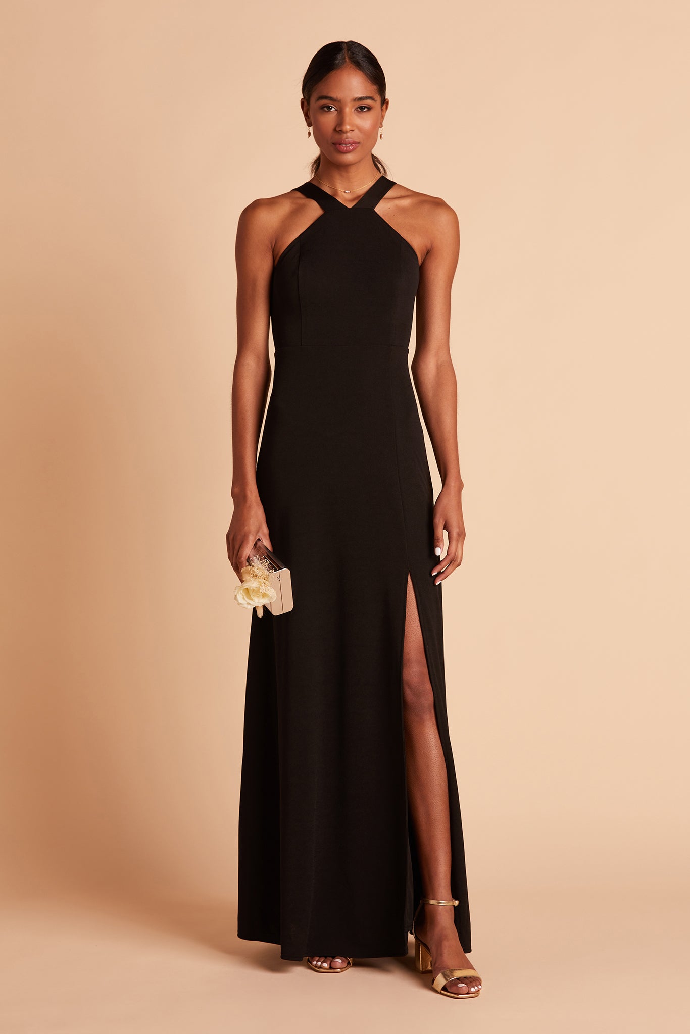 Gene bridesmaid dress with slit in black crepe by Birdy Grey, front view
