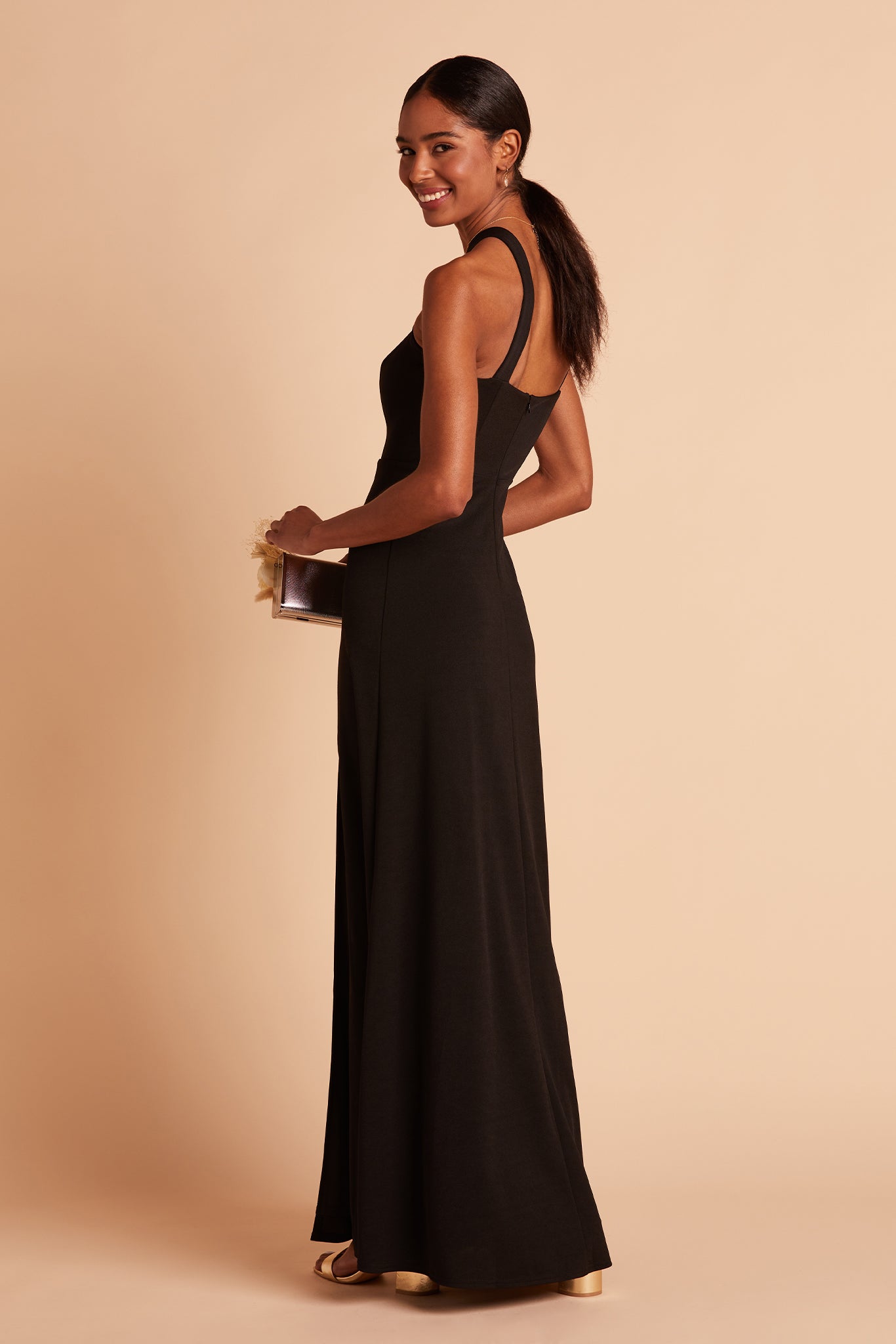 Gene bridesmaid dress with slit in black crepe by Birdy Grey, side view
