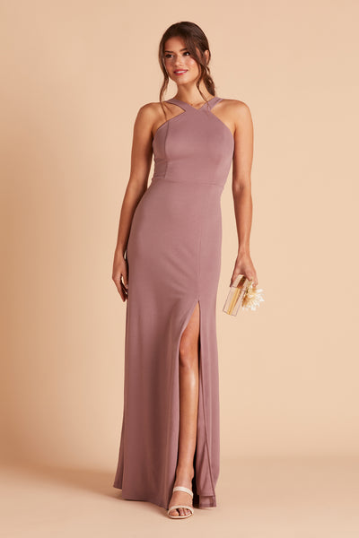 Gene bridesmaid dress with slit in dark mauve crepe by Birdy Grey, front view