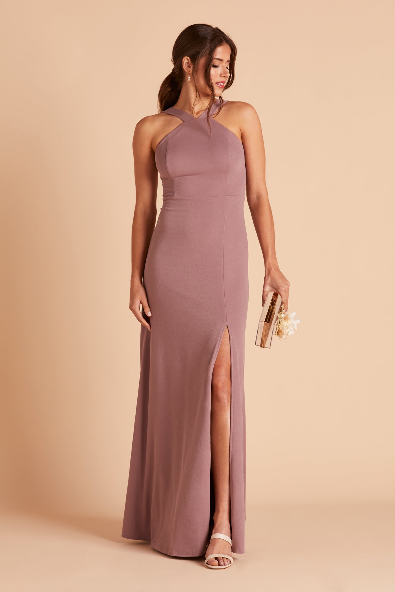 Gene bridesmaid dress with slit in dark mauve crepe by Birdy Grey, front view
