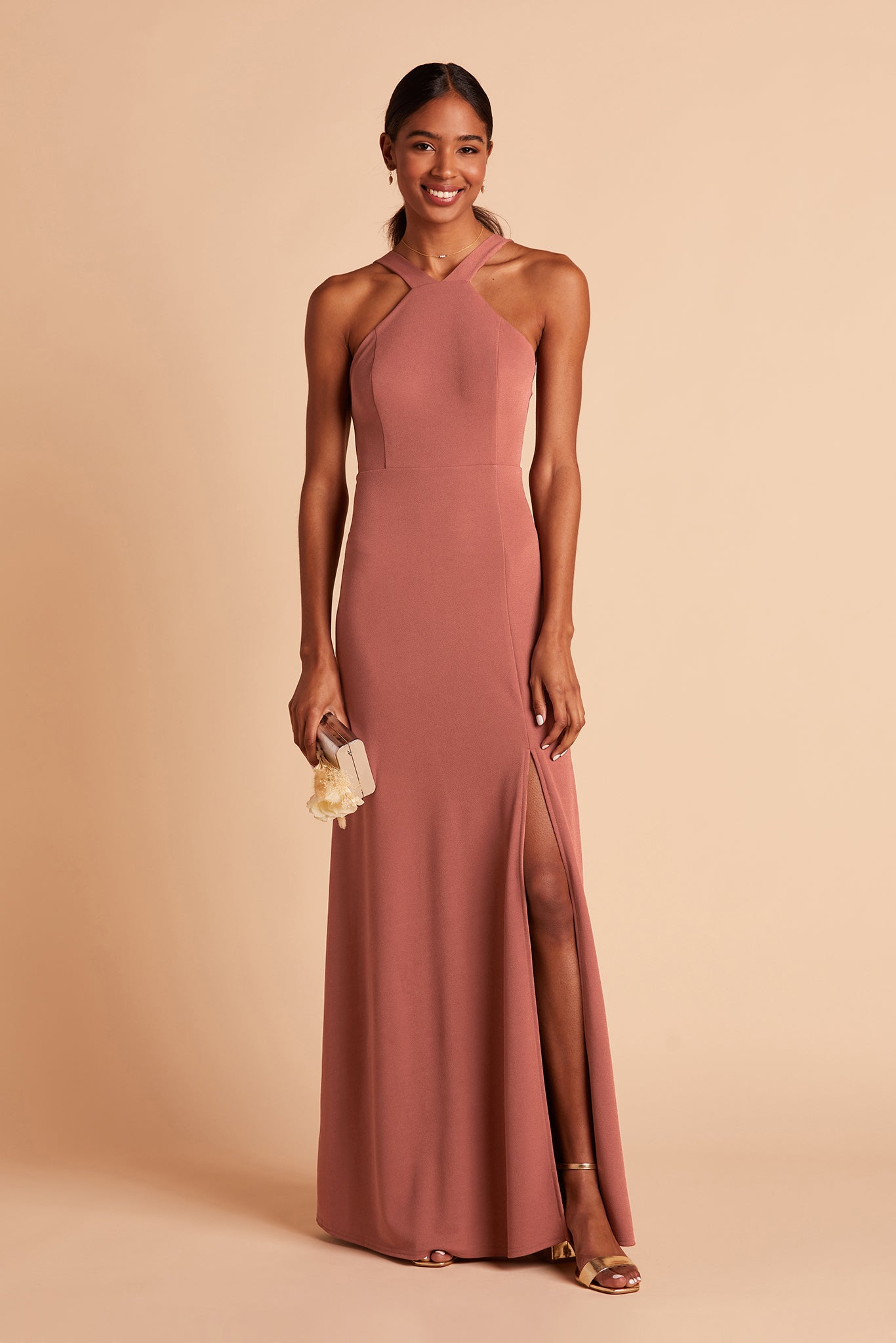 Gene bridesmaid dress with slit in desert rose crepe by Birdy Grey, front view