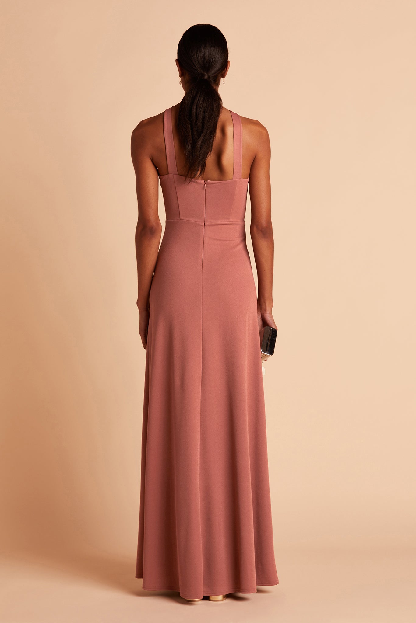 Gene bridesmaid dress with slit in desert rose crepe by Birdy Grey, back view