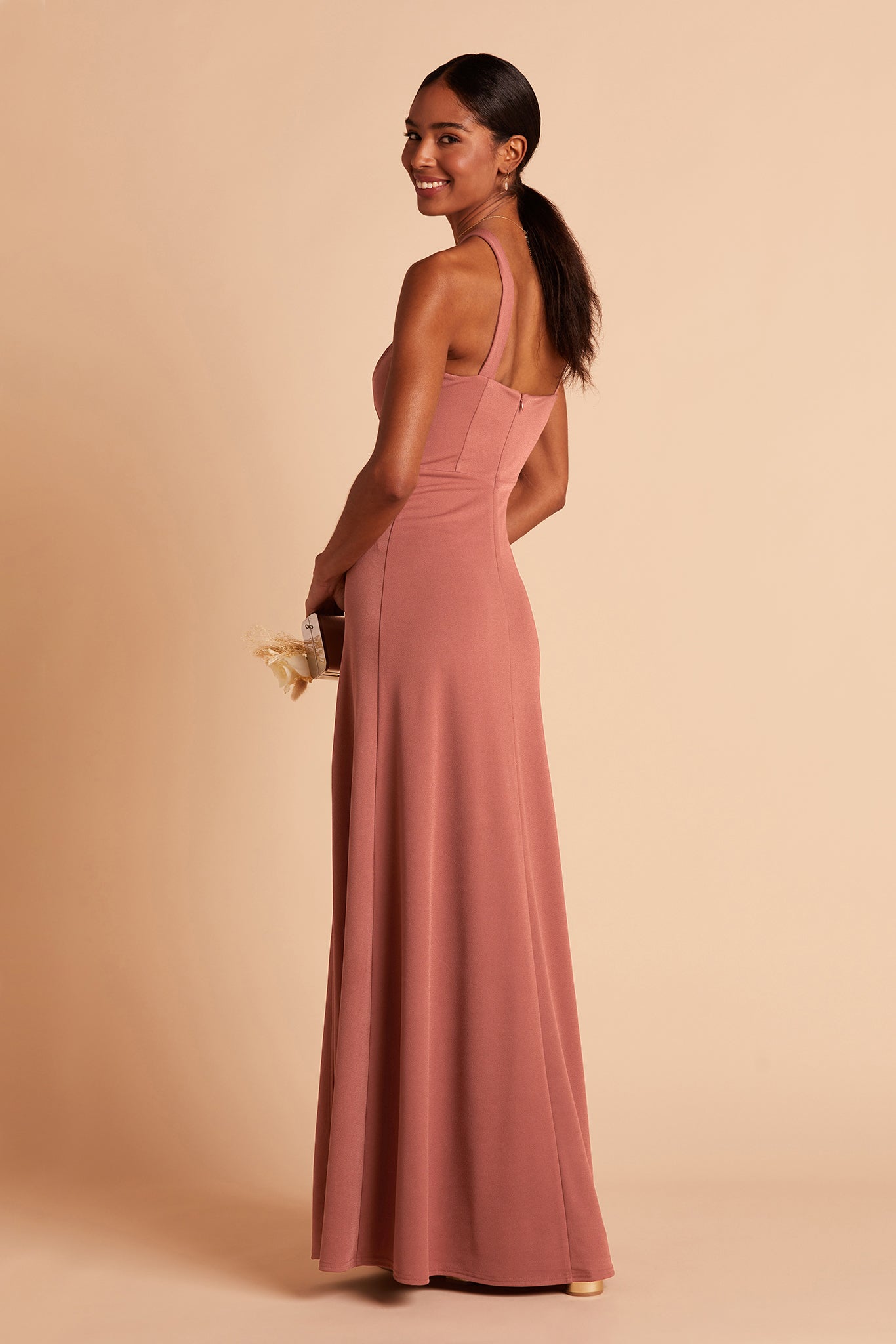 Gene bridesmaid dress with slit in desert rose crepe by Birdy Grey, side view