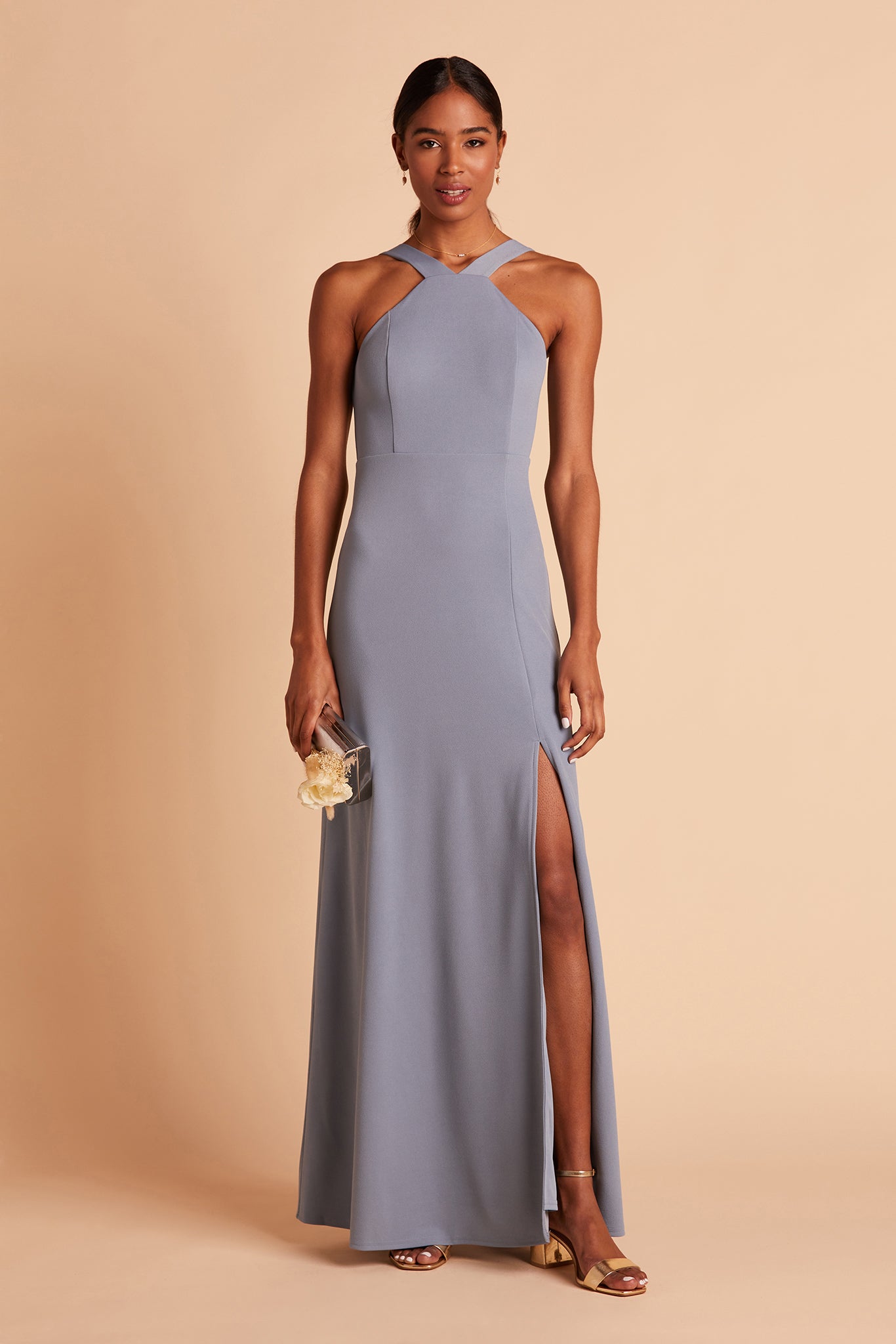 Gene bridesmaid dress with slit in dusty blue crepe by Birdy Grey, front view