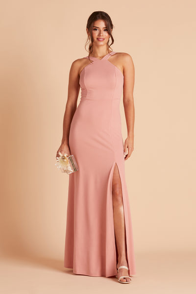 Gene bridesmaid dress with slit in dusty rose crepe by Birdy Grey, front view