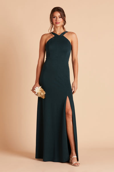 Gene bridesmaid dress with slit in emerald green crepe by Birdy Grey, front view