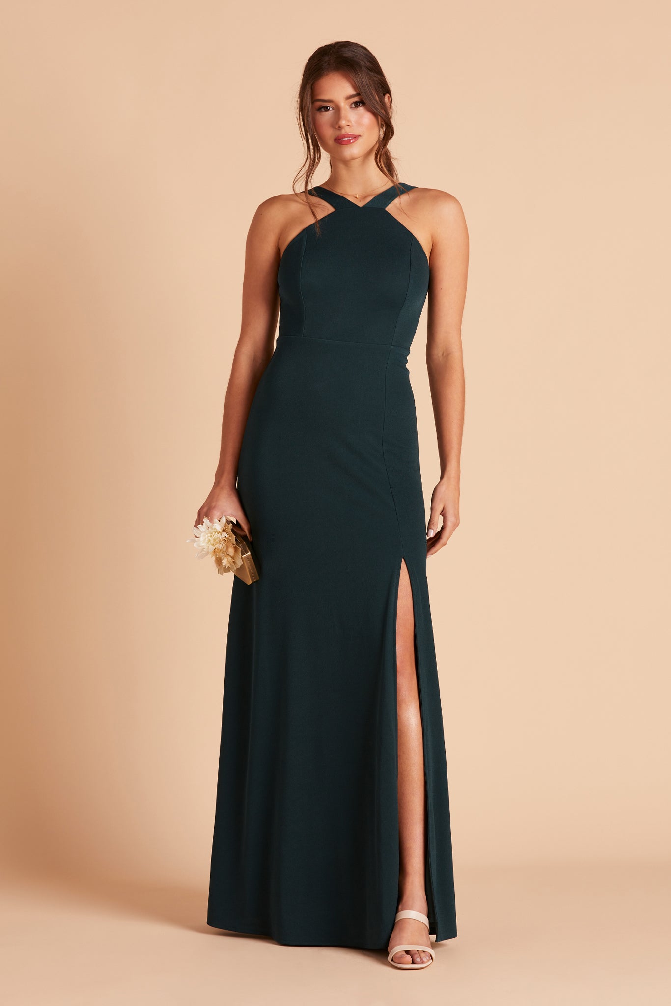 Gene bridesmaid dress with slit in emerald green crepe by Birdy Grey, front view