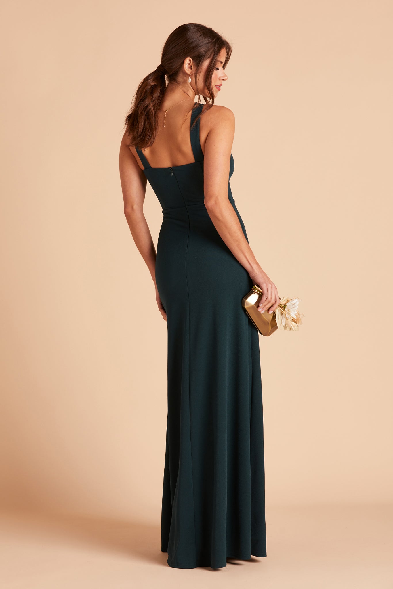 Gene bridesmaid dress with slit in emerald green crepe by Birdy Grey, side view