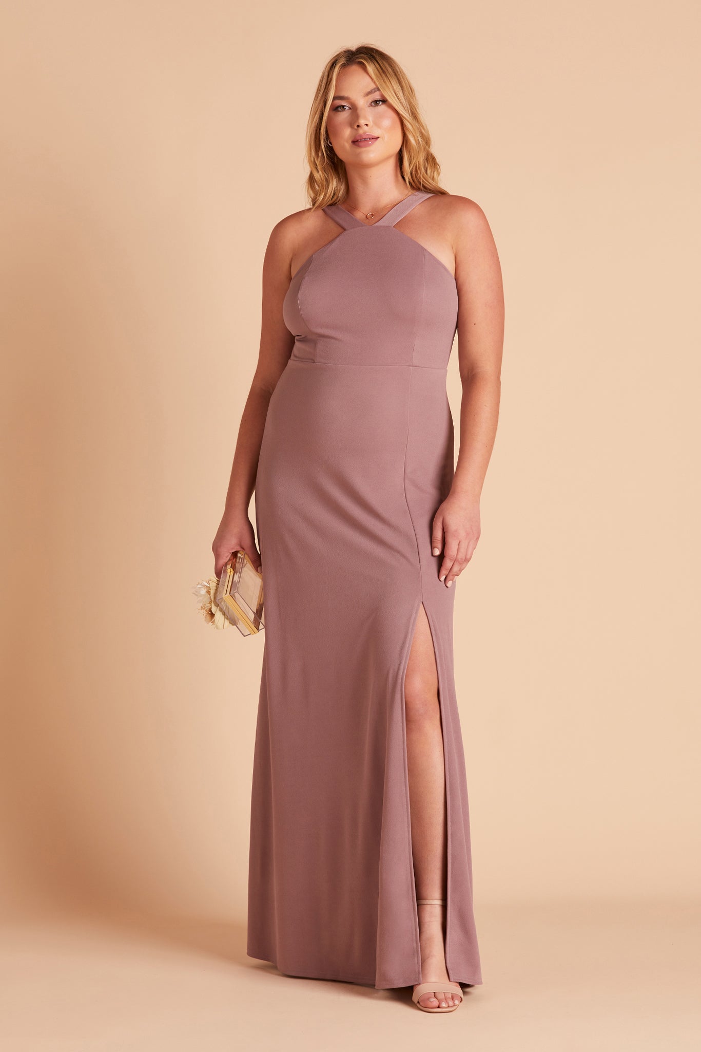Gene convertible plus size bridesmaid dress with slit in dark mauve crepe by Birdy Grey, front view