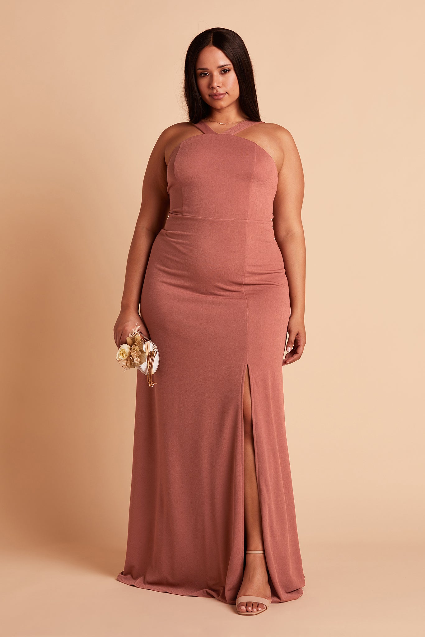Gene plus size bridesmaid dress with slit in desert rose crepe by Birdy Grey, front view