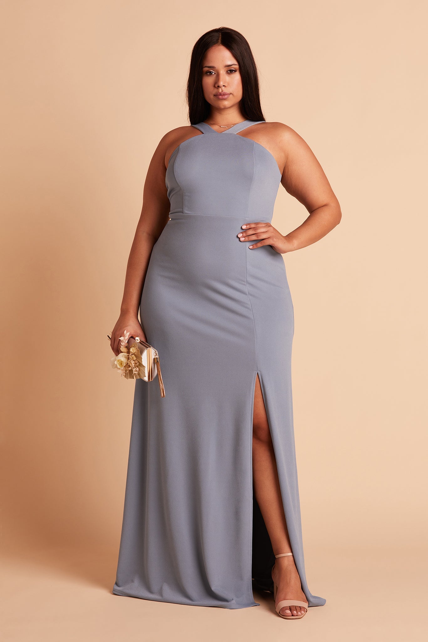 Gene plus size bridesmaid dress with slit in dusty blue crepe by Birdy Grey, front view